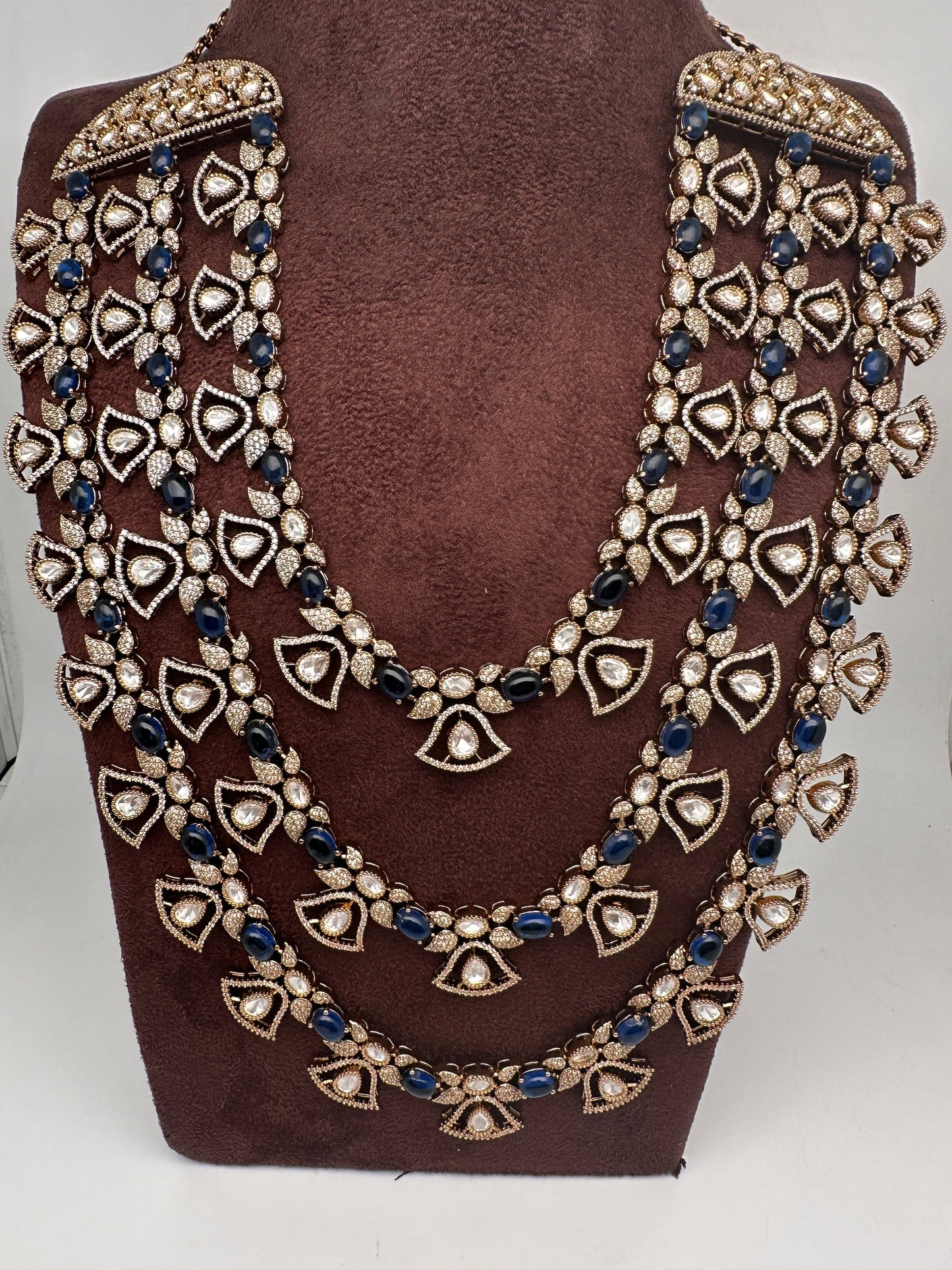 Moissanite Multi Layer Statement Victorian Color Stone Necklace - Blue