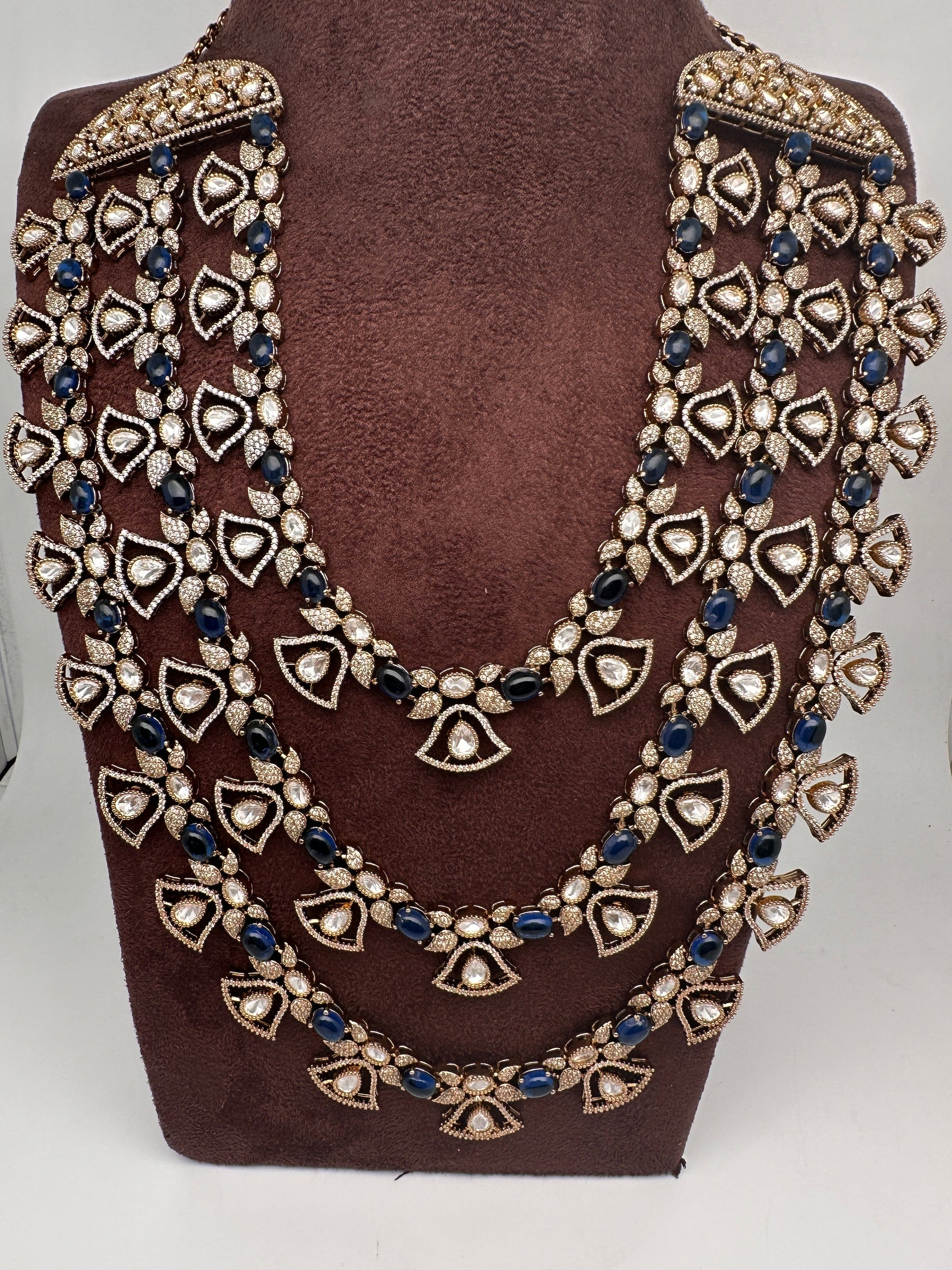 Moissanite Multi Layer Statement Victorian Color Stone Necklace - Blue