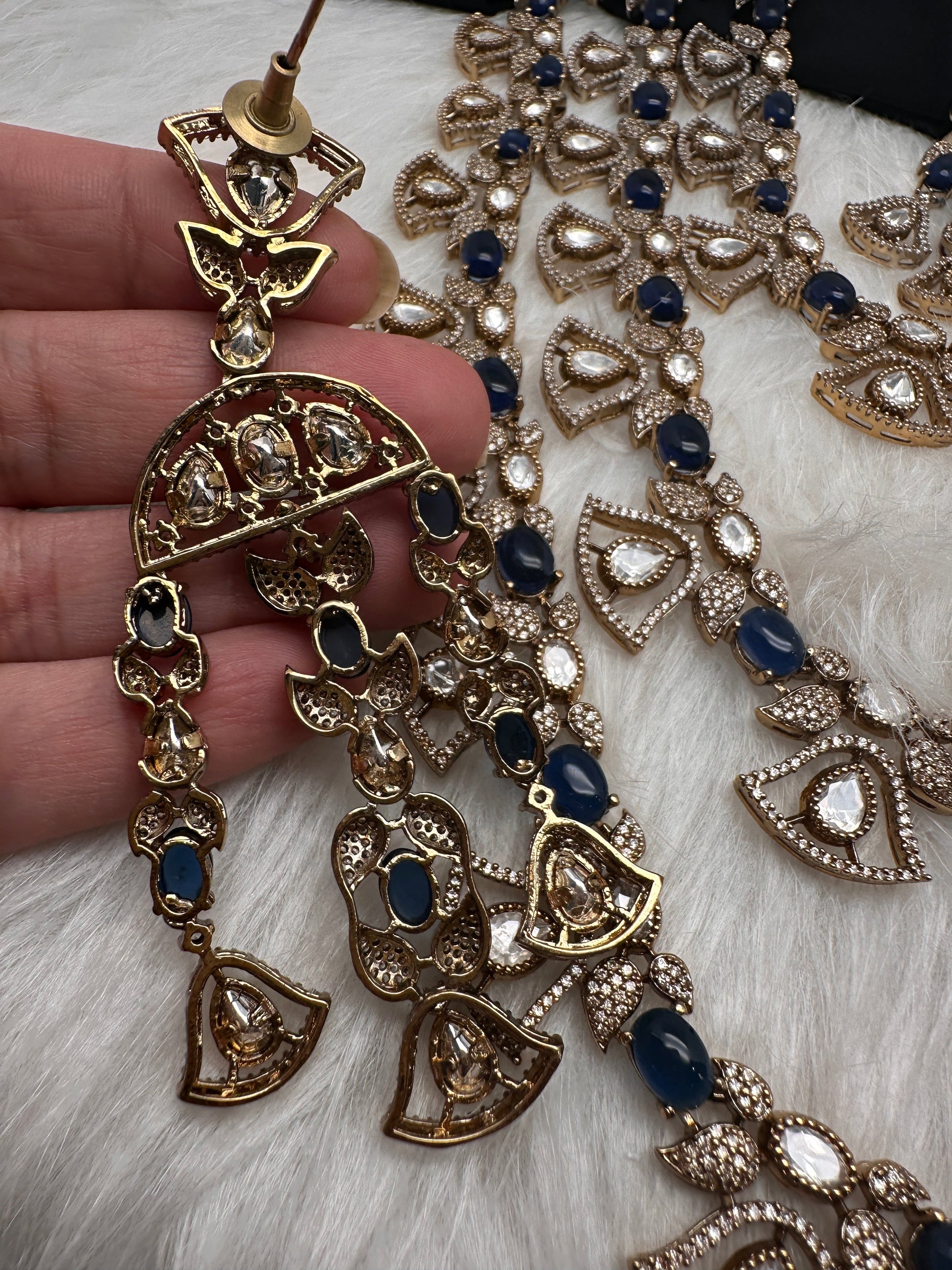 Moissanite Multi Layer Statement Victorian Color Stone Necklace - Blue