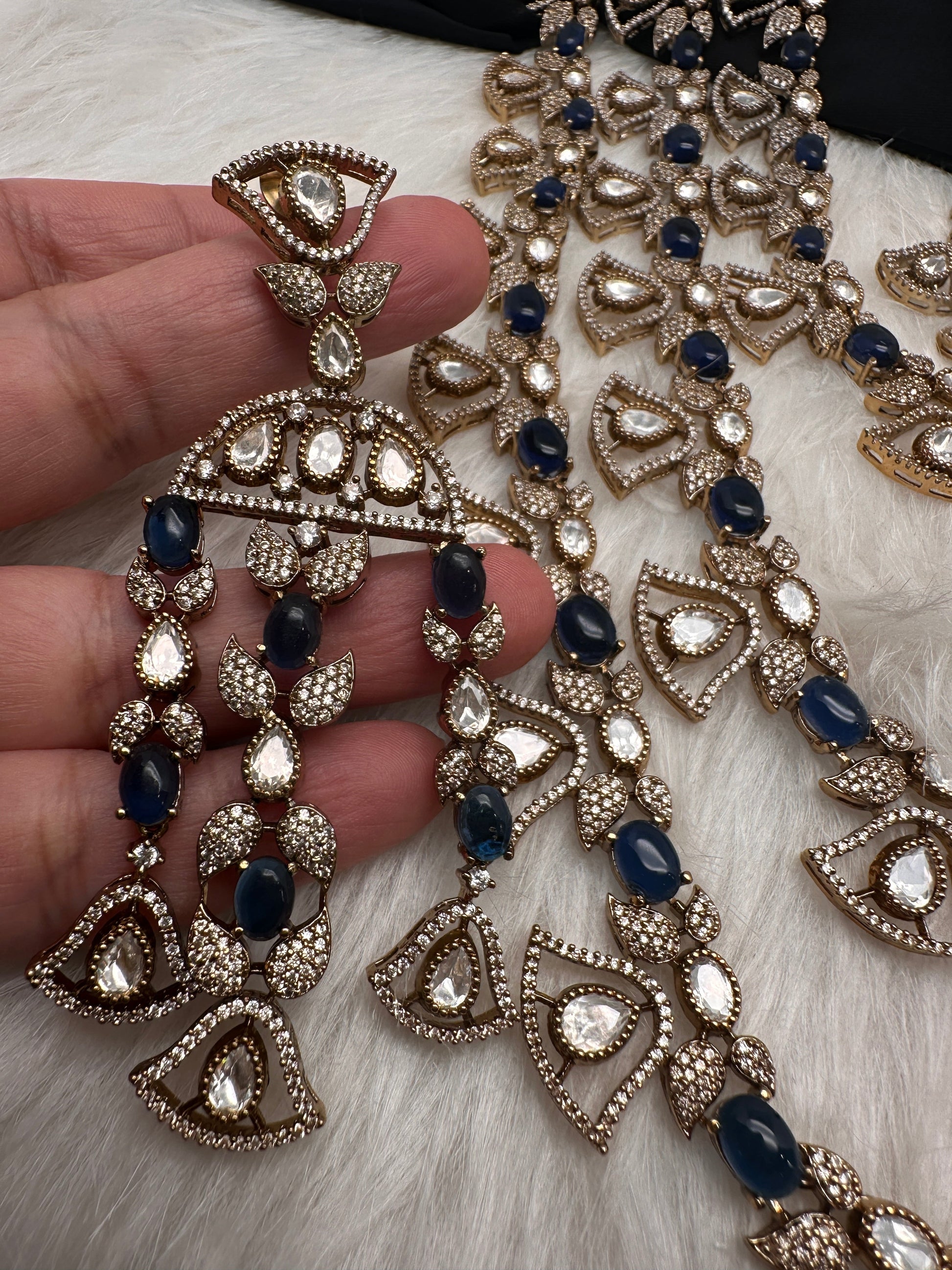 Moissanite Multi Layer Statement Victorian Color Stone Necklace - Blue
