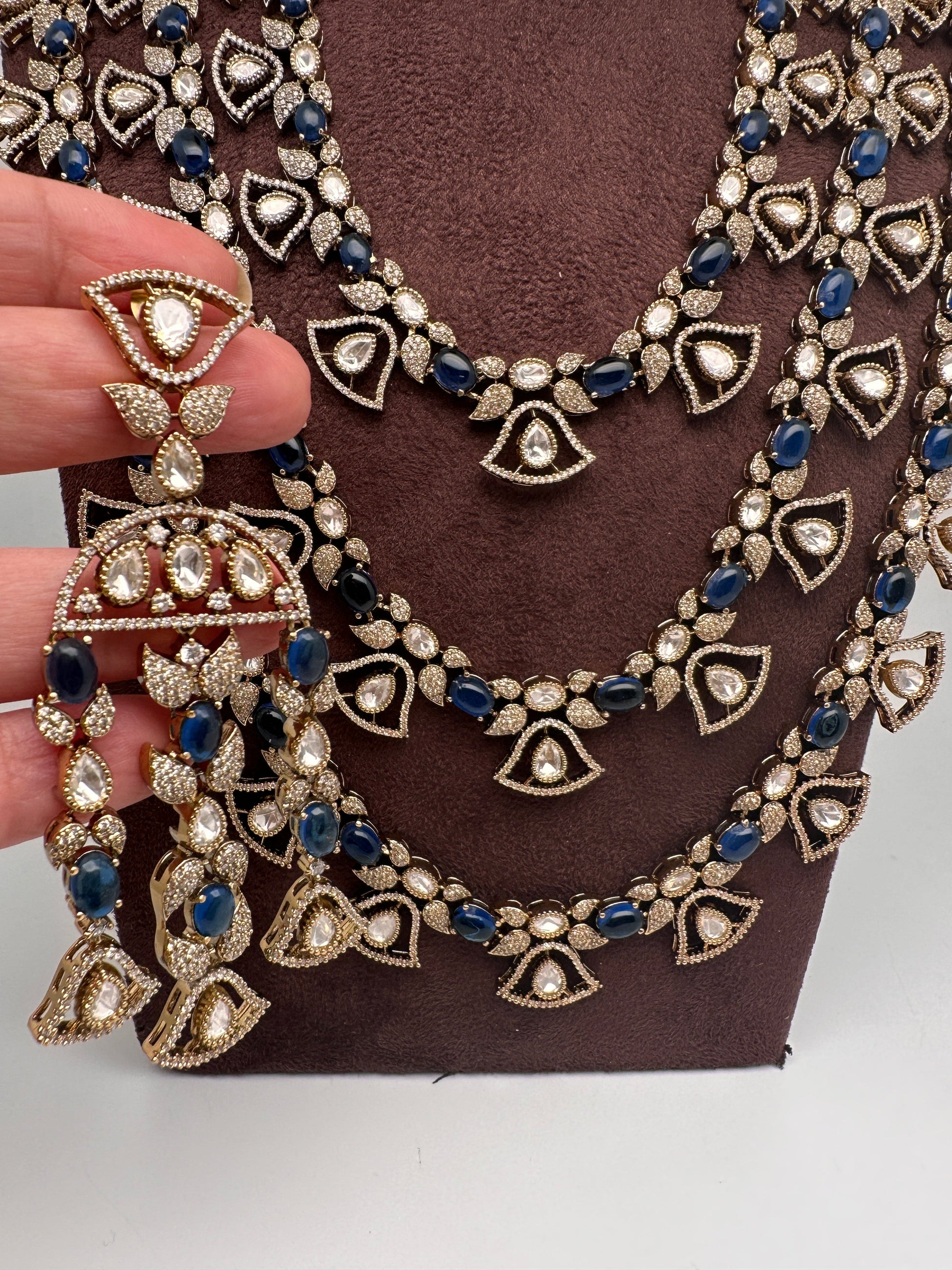 Moissanite Multi Layer Statement Victorian Color Stone Necklace - Blue