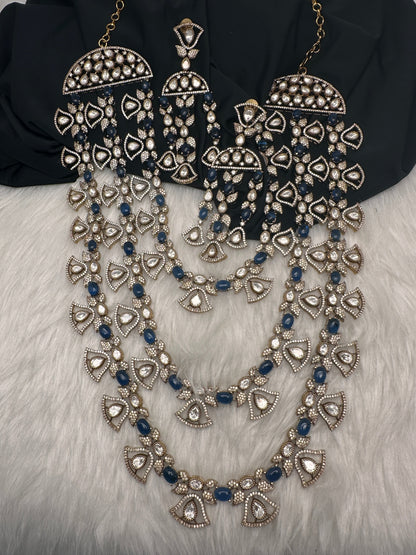 Moissanite Multi Layer Statement Victorian Color Stone Necklace - Blue