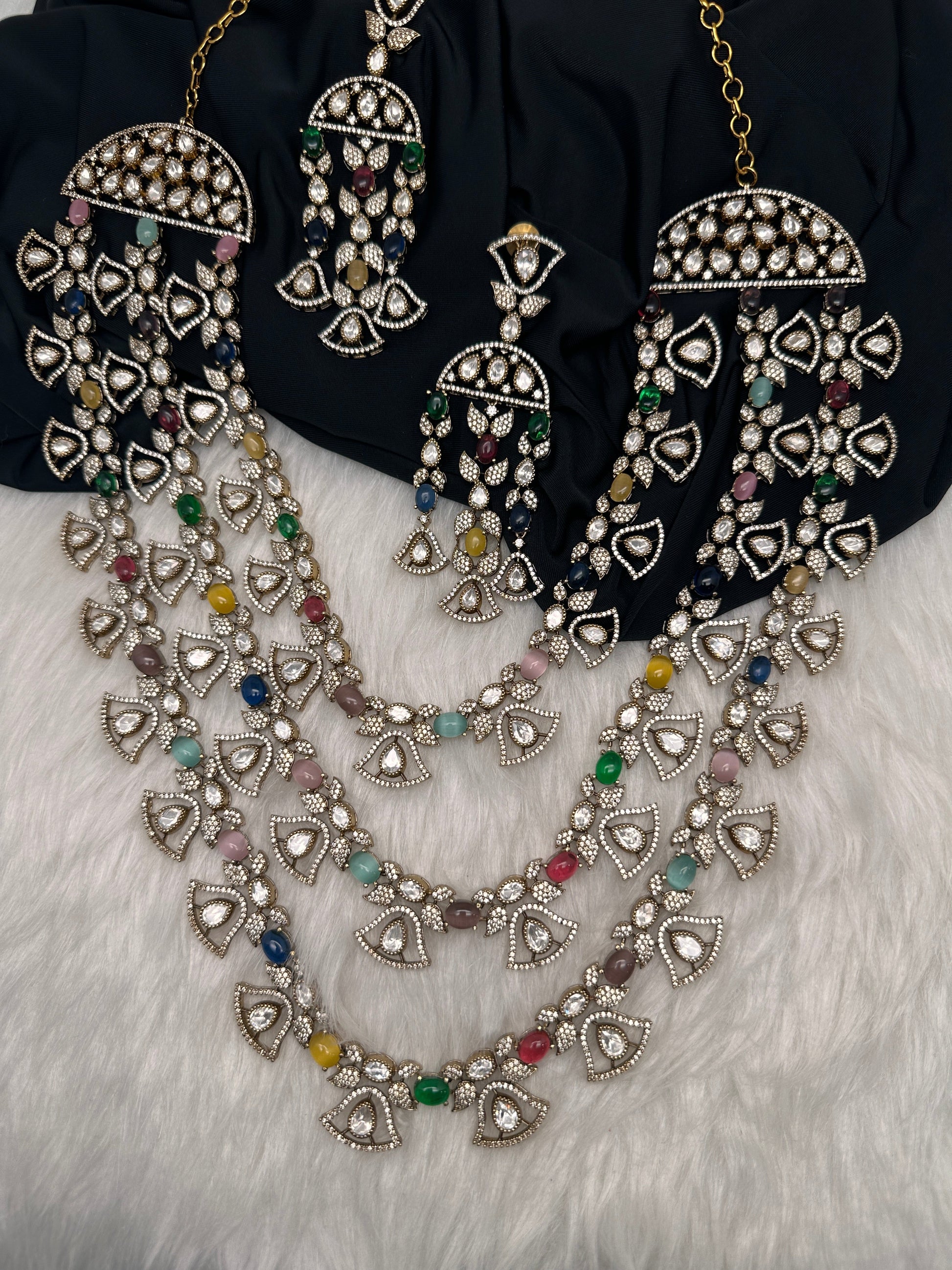Moissanite Multi Layer Statement Victorian Color Stone Necklace - Multi
