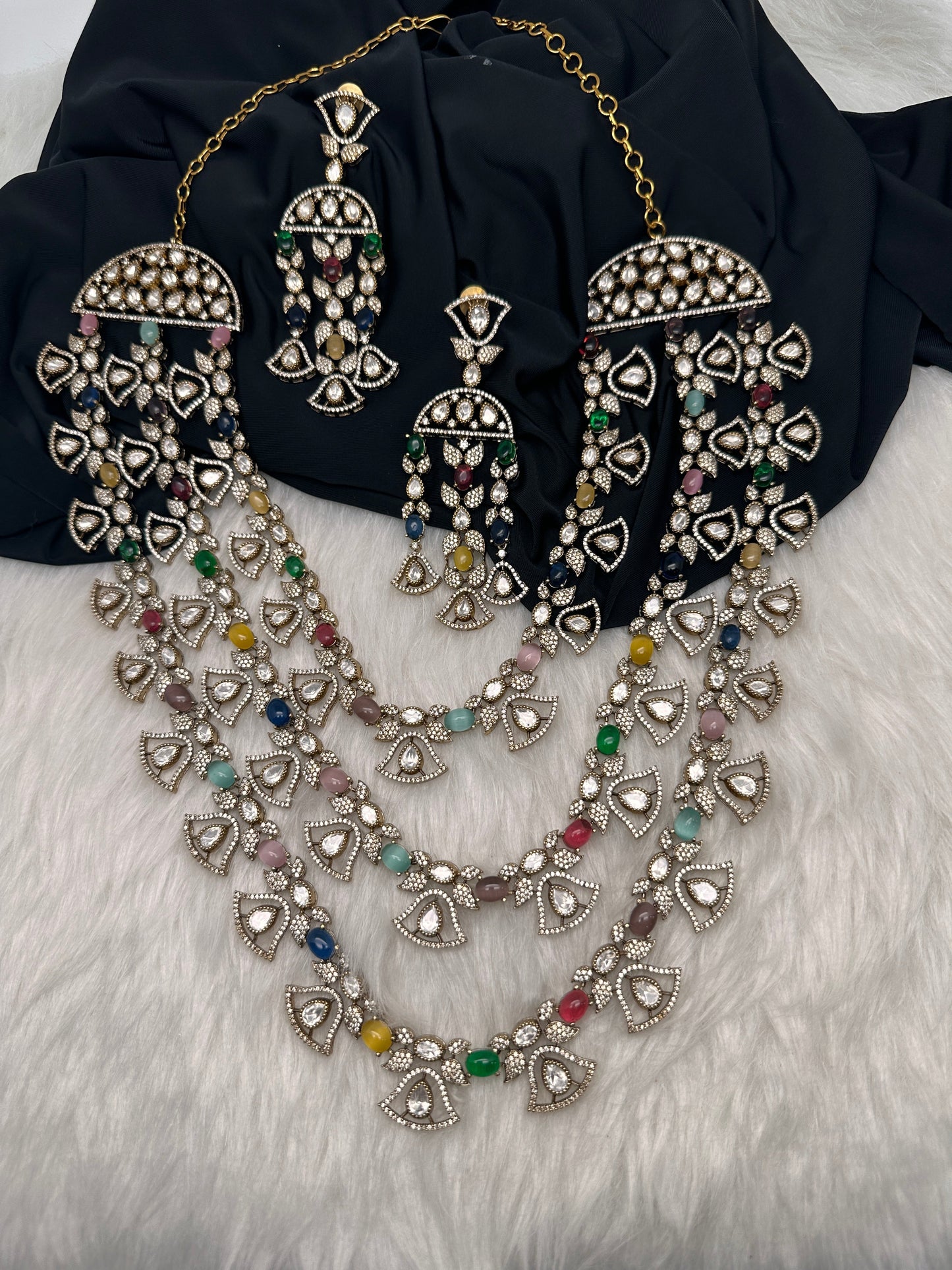 Moissanite Multi Layer Statement Victorian Color Stone Necklace - Multi