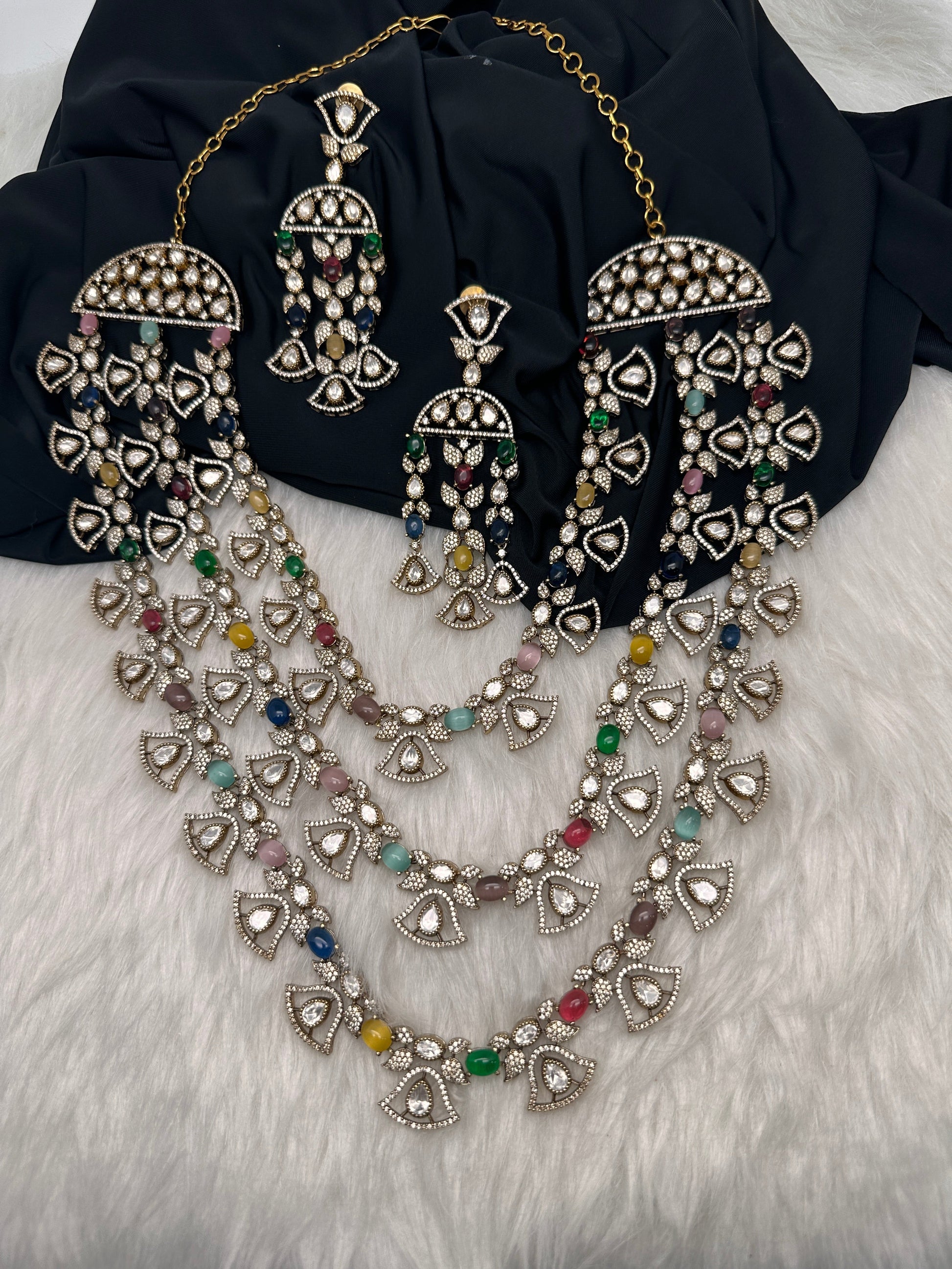 Moissanite Multi Layer Statement Victorian Color Stone Necklace - Multi