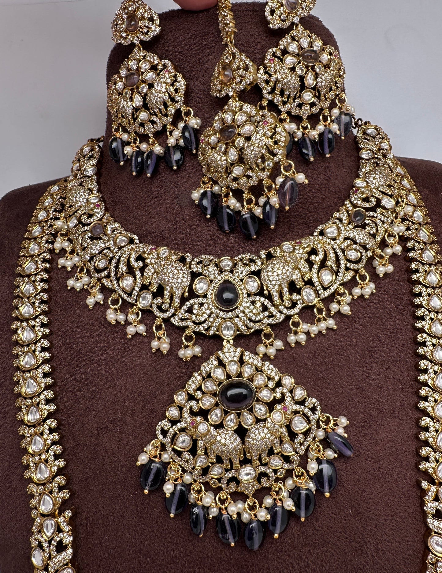 Kundan Amethyst Elephant Pattern Combo Statement Victorian Long Short Necklace