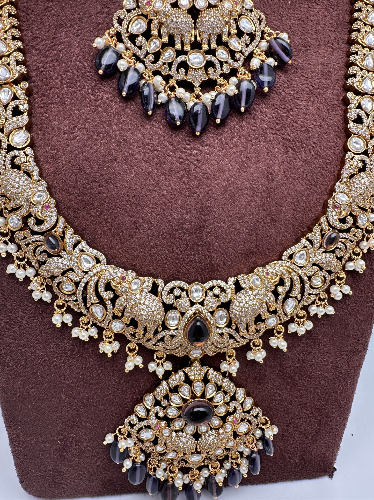 Kundan Amethyst Elephant Pattern Combo Statement Victorian Long Short Necklace