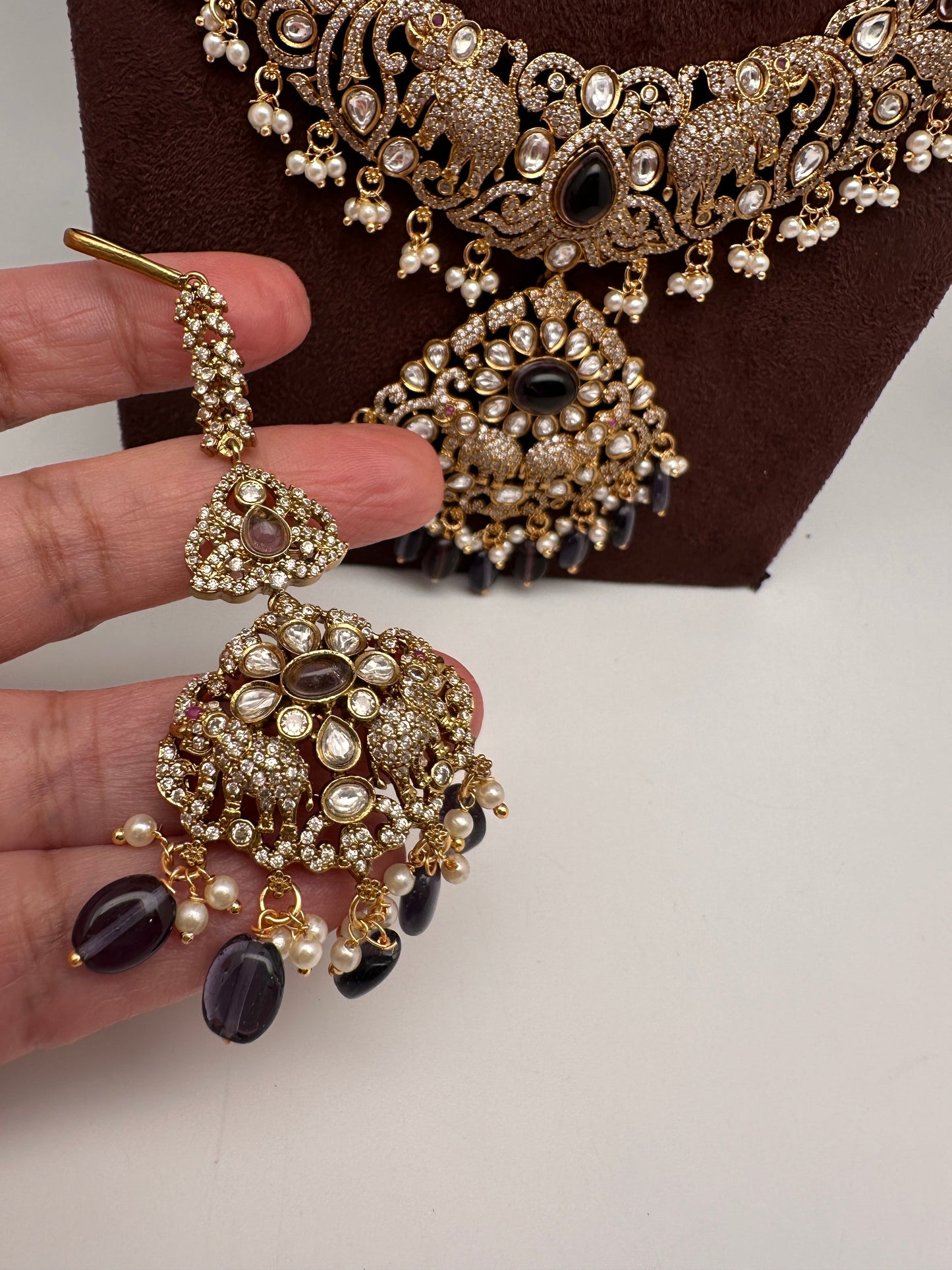 Kundan Amethyst Elephant Pattern Combo Statement Victorian Long Short Necklace