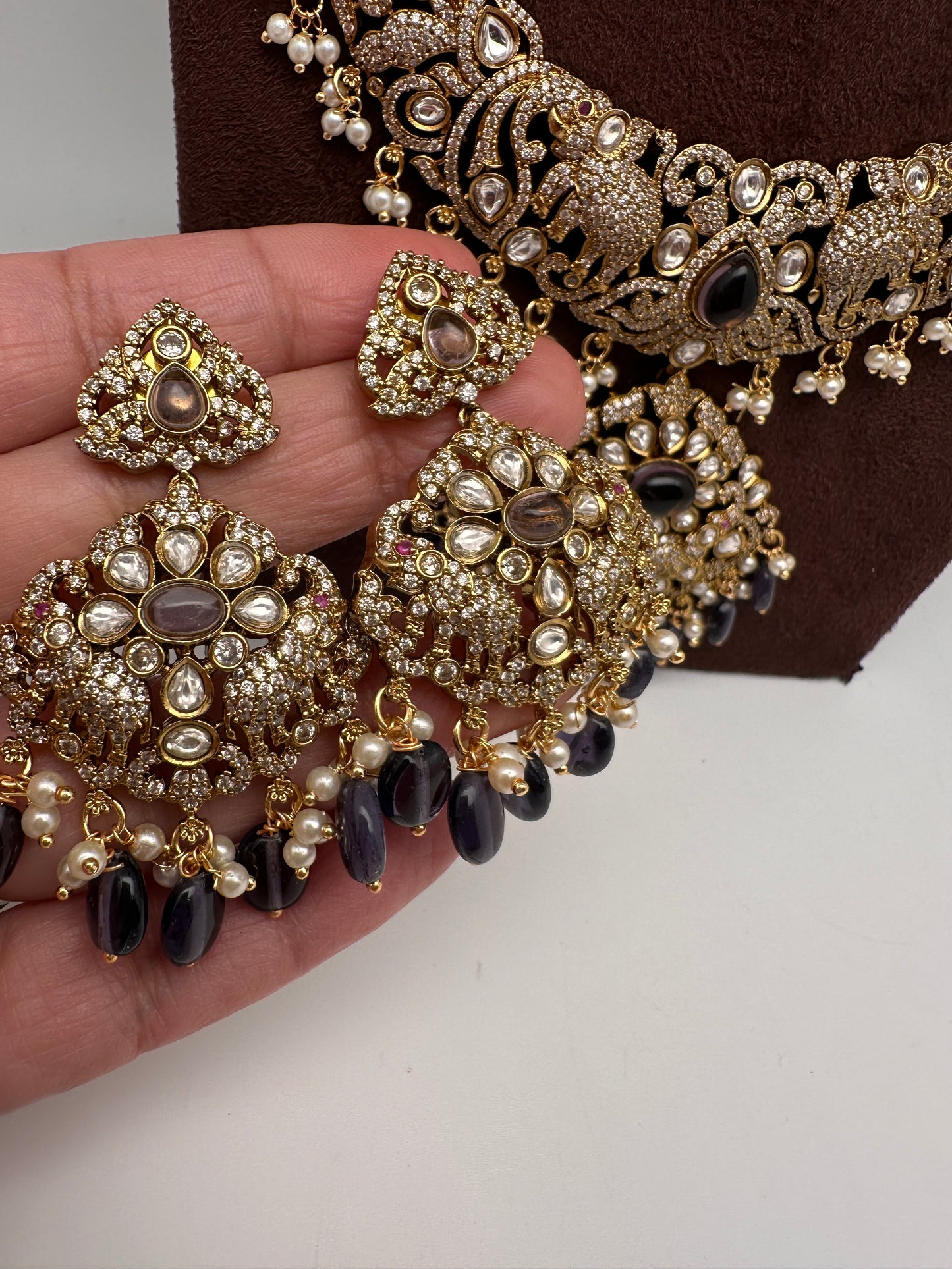 Kundan Amethyst Elephant Pattern Combo Statement Victorian Long Short Necklace
