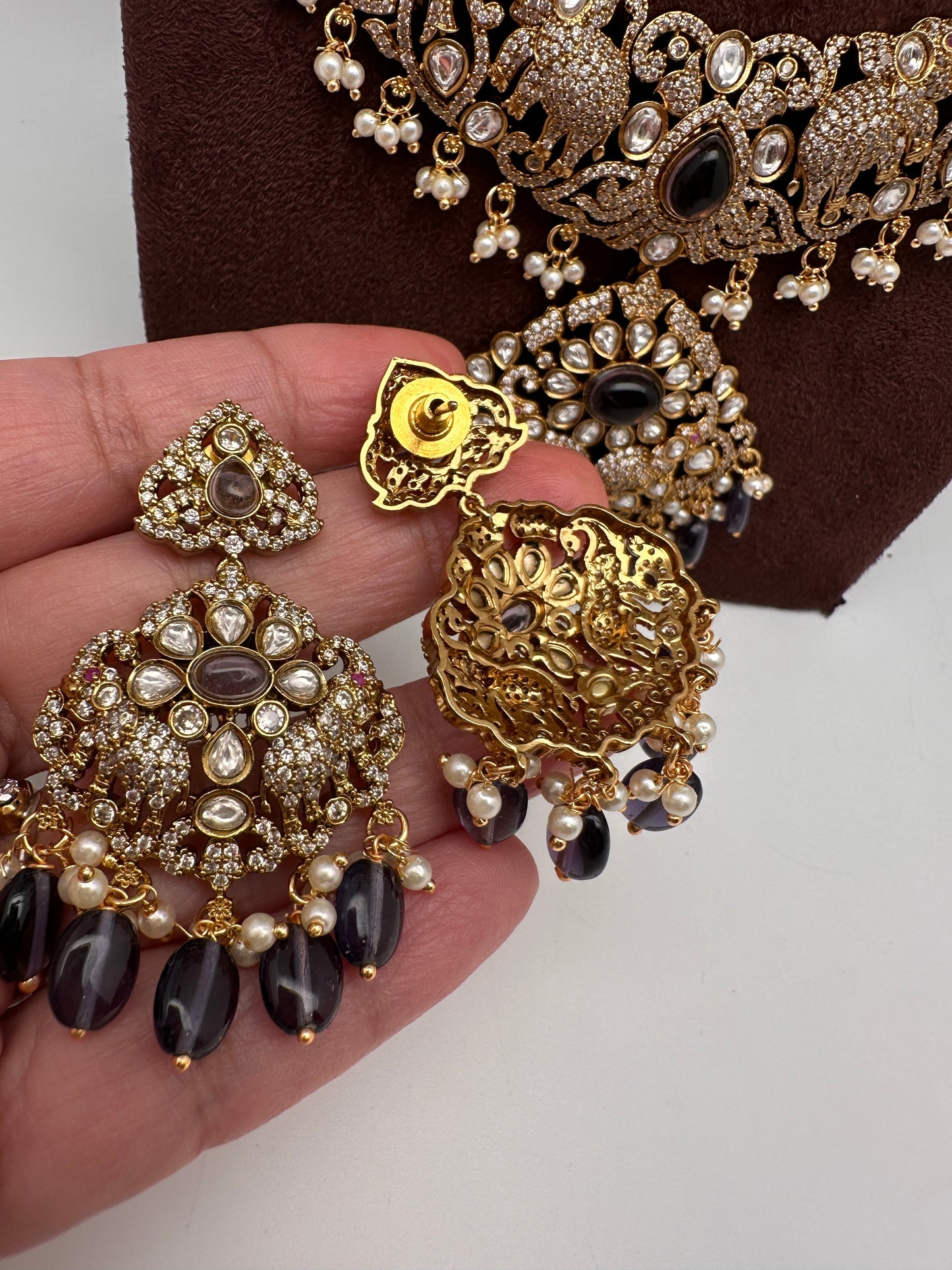 Kundan Amethyst Elephant Pattern Combo Statement Victorian Long Short Necklace