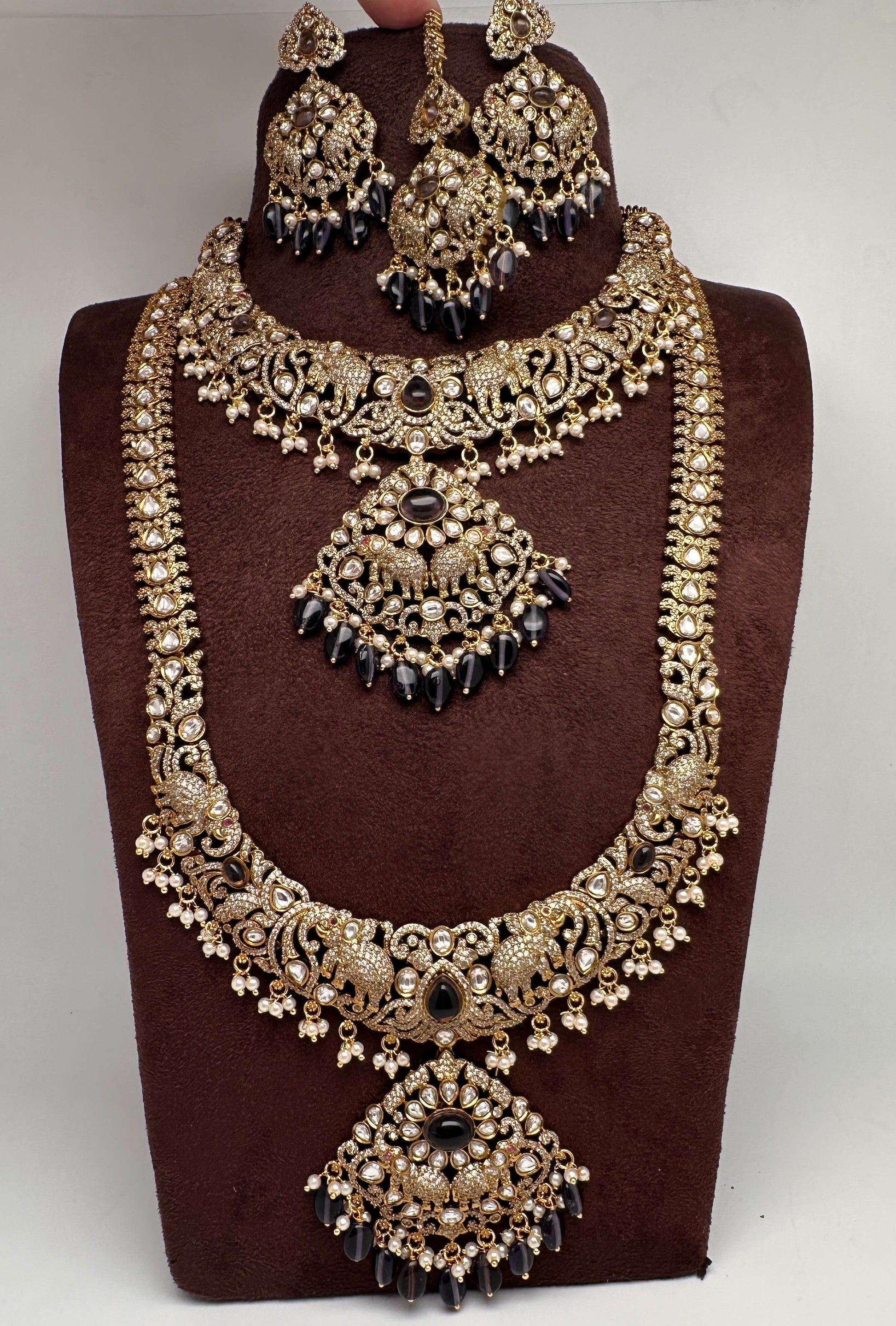 Kundan Amethyst Elephant Pattern Combo Statement Victorian Long Short Necklace