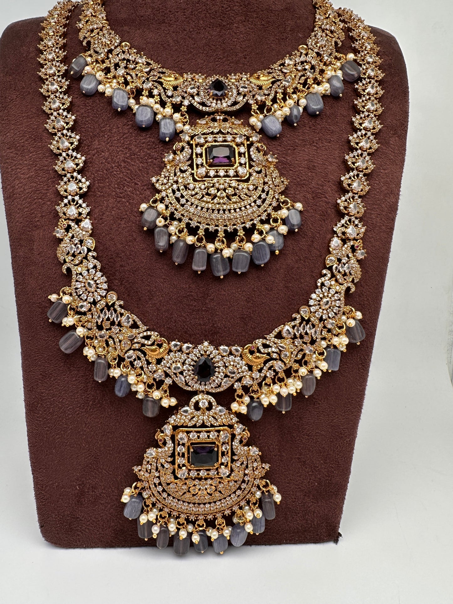 CZ Amethyst Purple Combo Statement Victorian Long Short Necklace