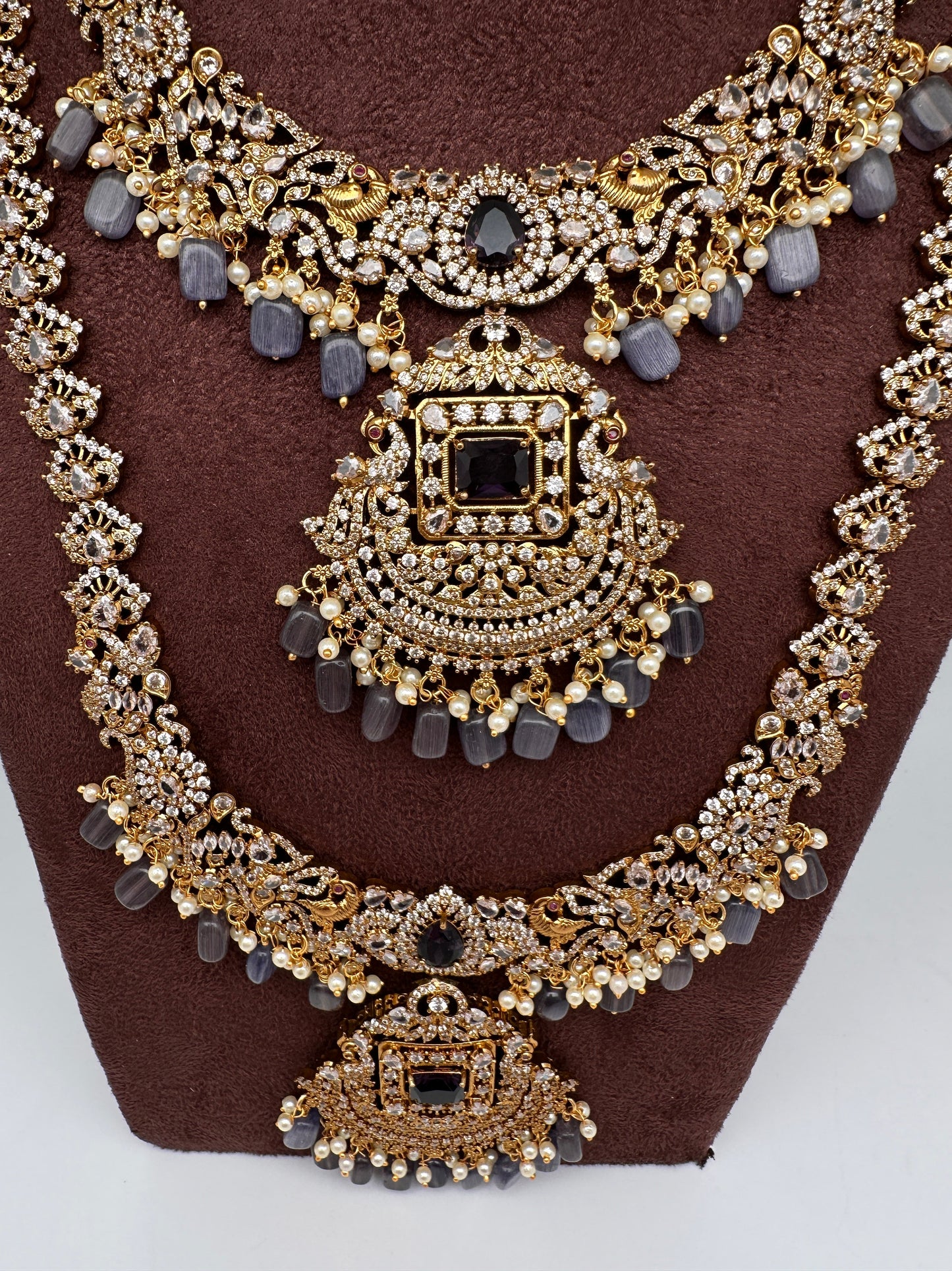 CZ Amethyst Purple Combo Statement Victorian Long Short Necklace