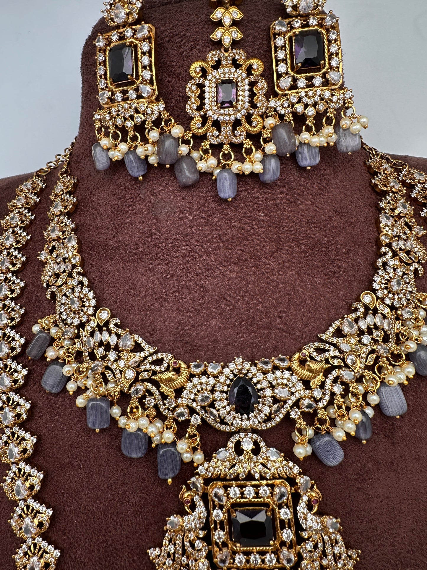 CZ Amethyst Purple Combo Statement Victorian Long Short Necklace
