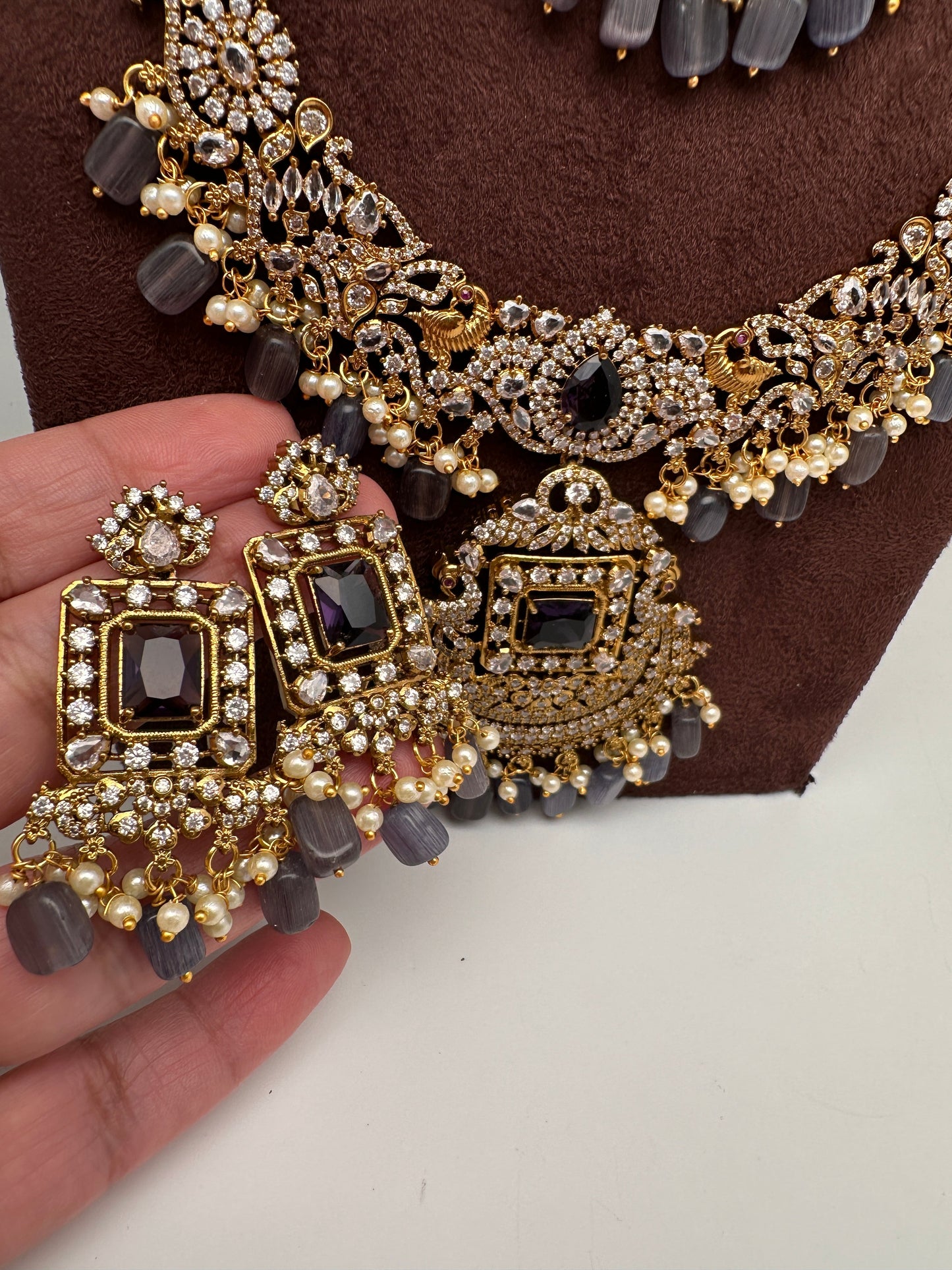 CZ Amethyst Purple Combo Statement Victorian Long Short Necklace