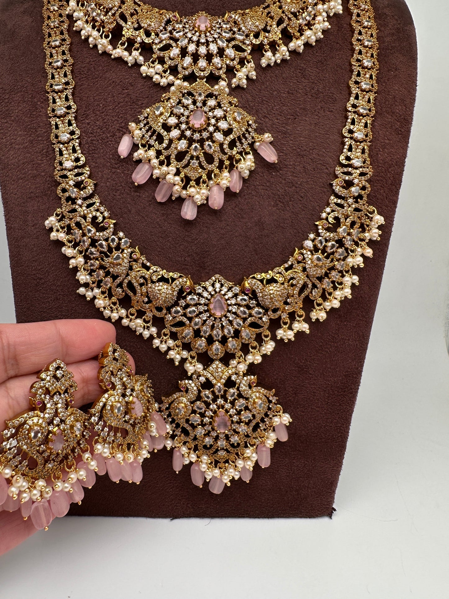CZ Pink Combo Statement Victorian Long Short Necklace
