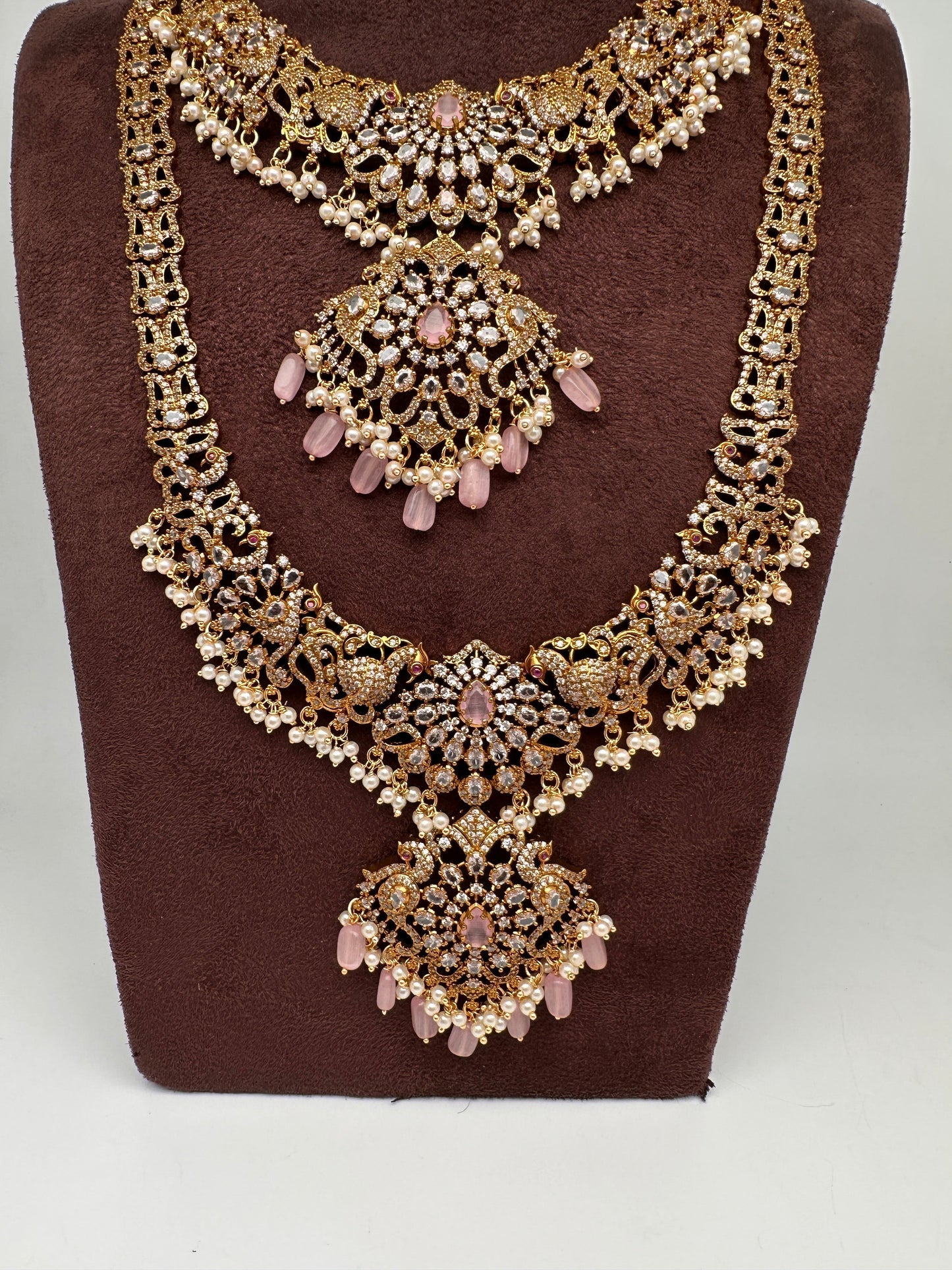 CZ Pink Combo Statement Victorian Long Short Necklace