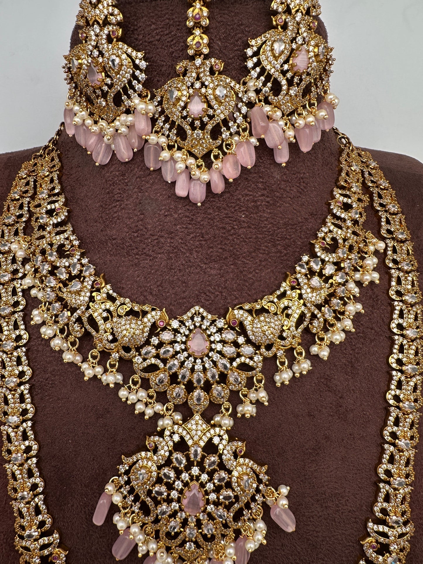 CZ Pink Combo Statement Victorian Long Short Necklace