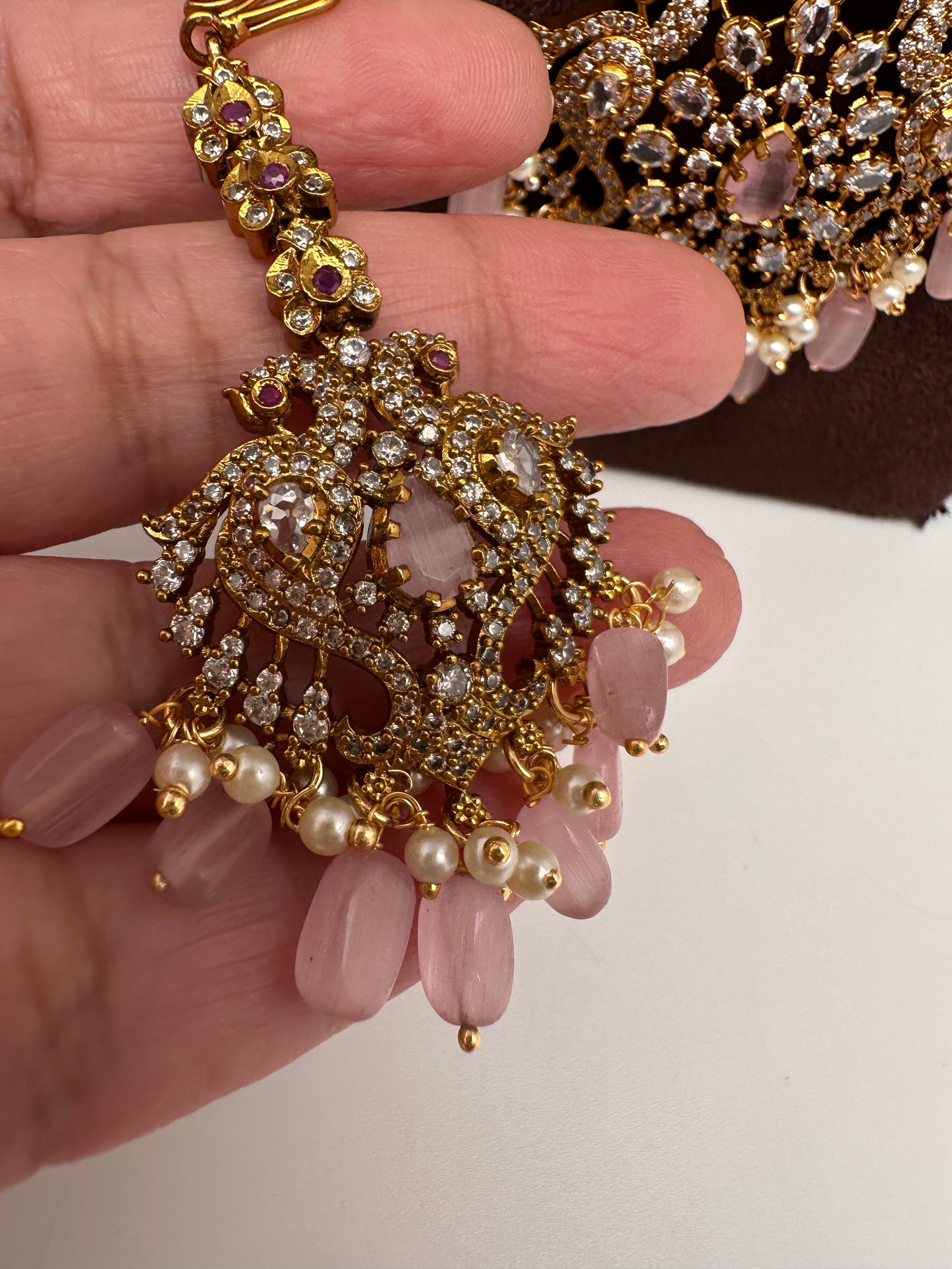 CZ Pink Combo Statement Victorian Long Short Necklace