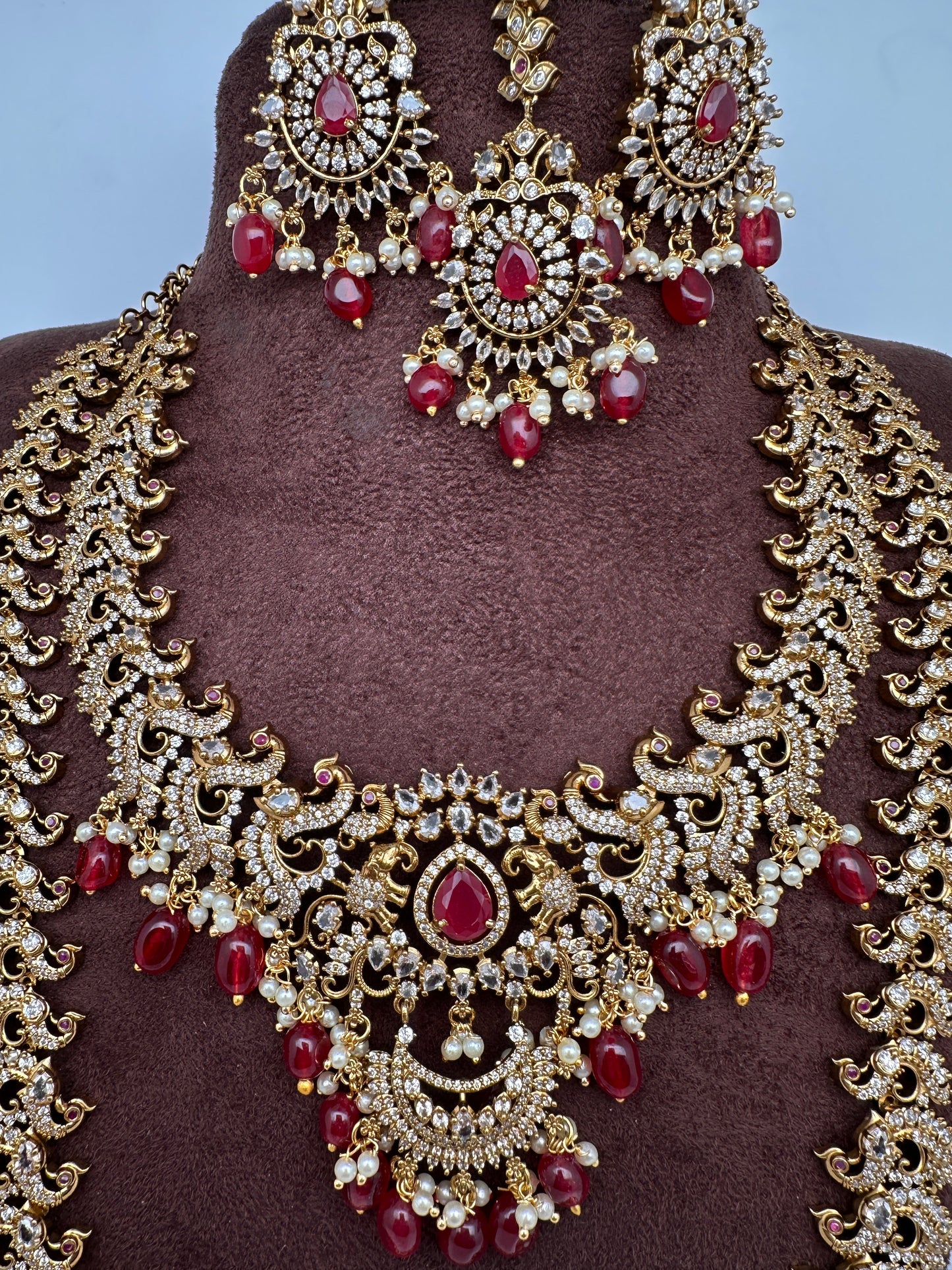 CZ Red Peacock Pattern Combo Statement Victorian Long Short Necklace