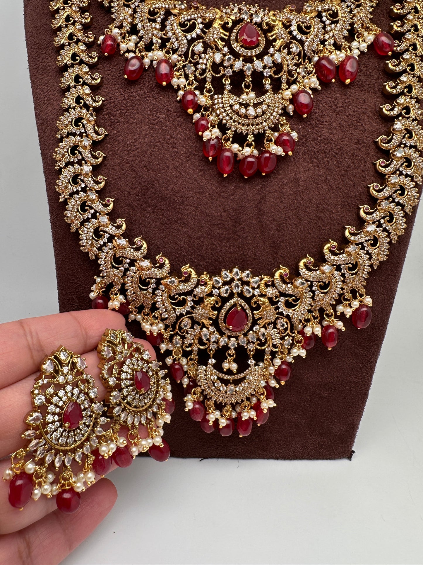 CZ Red Peacock Pattern Combo Statement Victorian Long Short Necklace