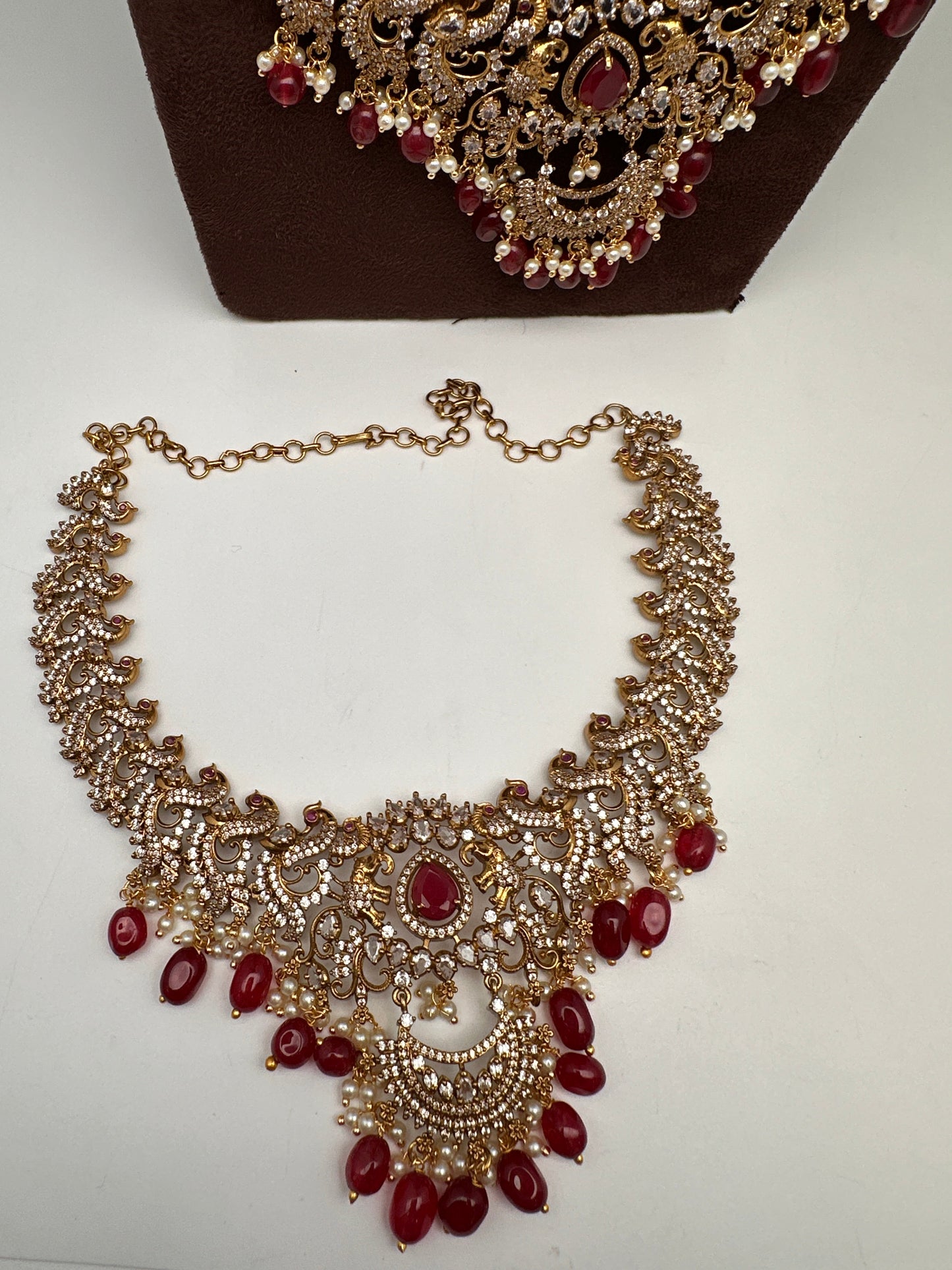 CZ Red Peacock Pattern Combo Statement Victorian Long Short Necklace