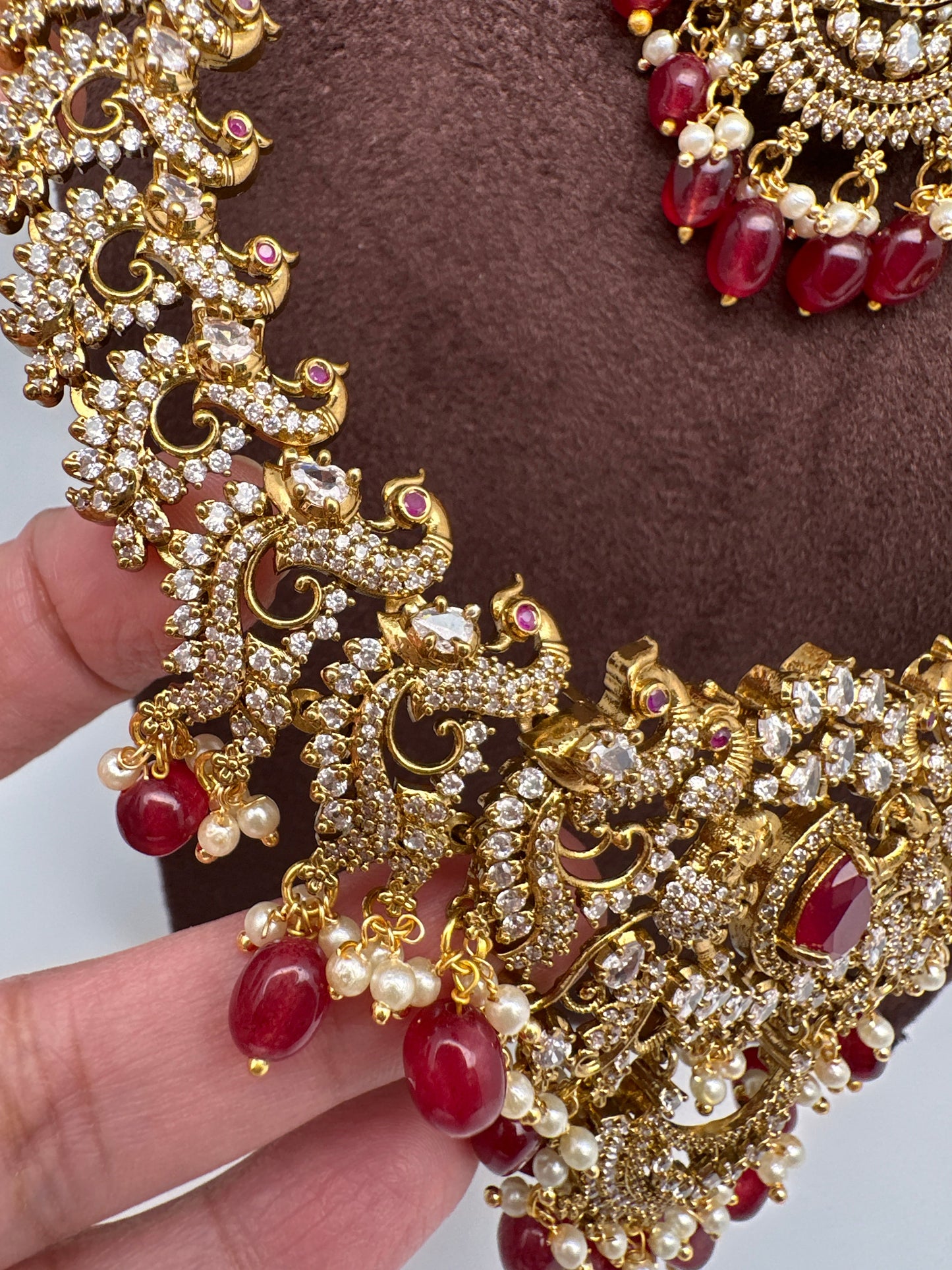CZ Red Peacock Pattern Combo Statement Victorian Long Short Necklace