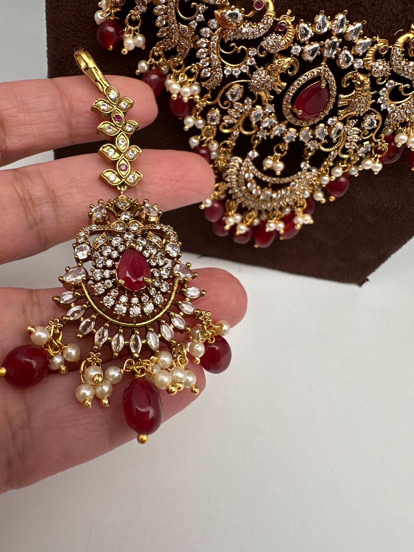 CZ Red Peacock Pattern Combo Statement Victorian Long Short Necklace