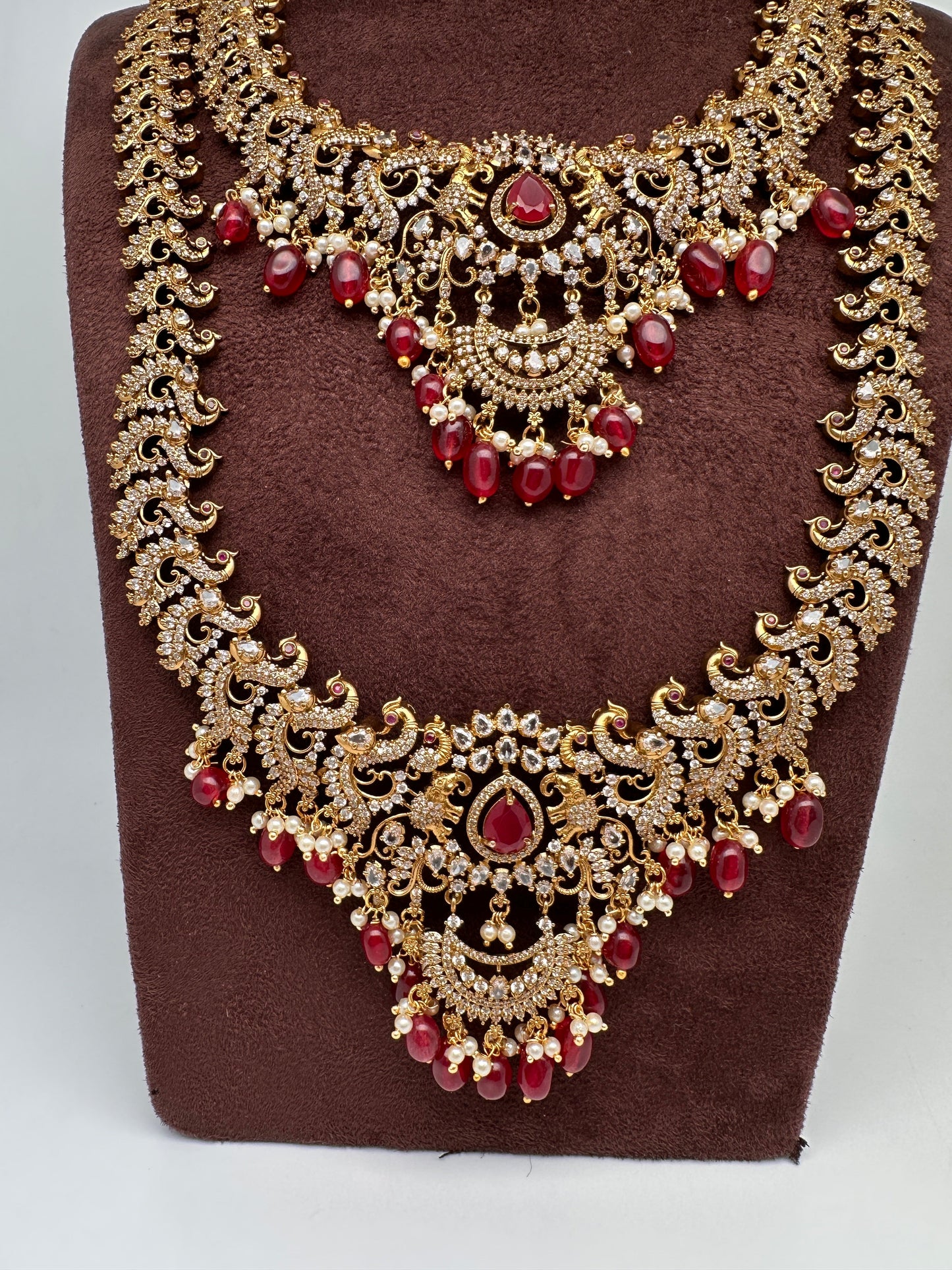 CZ Red Peacock Pattern Combo Statement Victorian Long Short Necklace