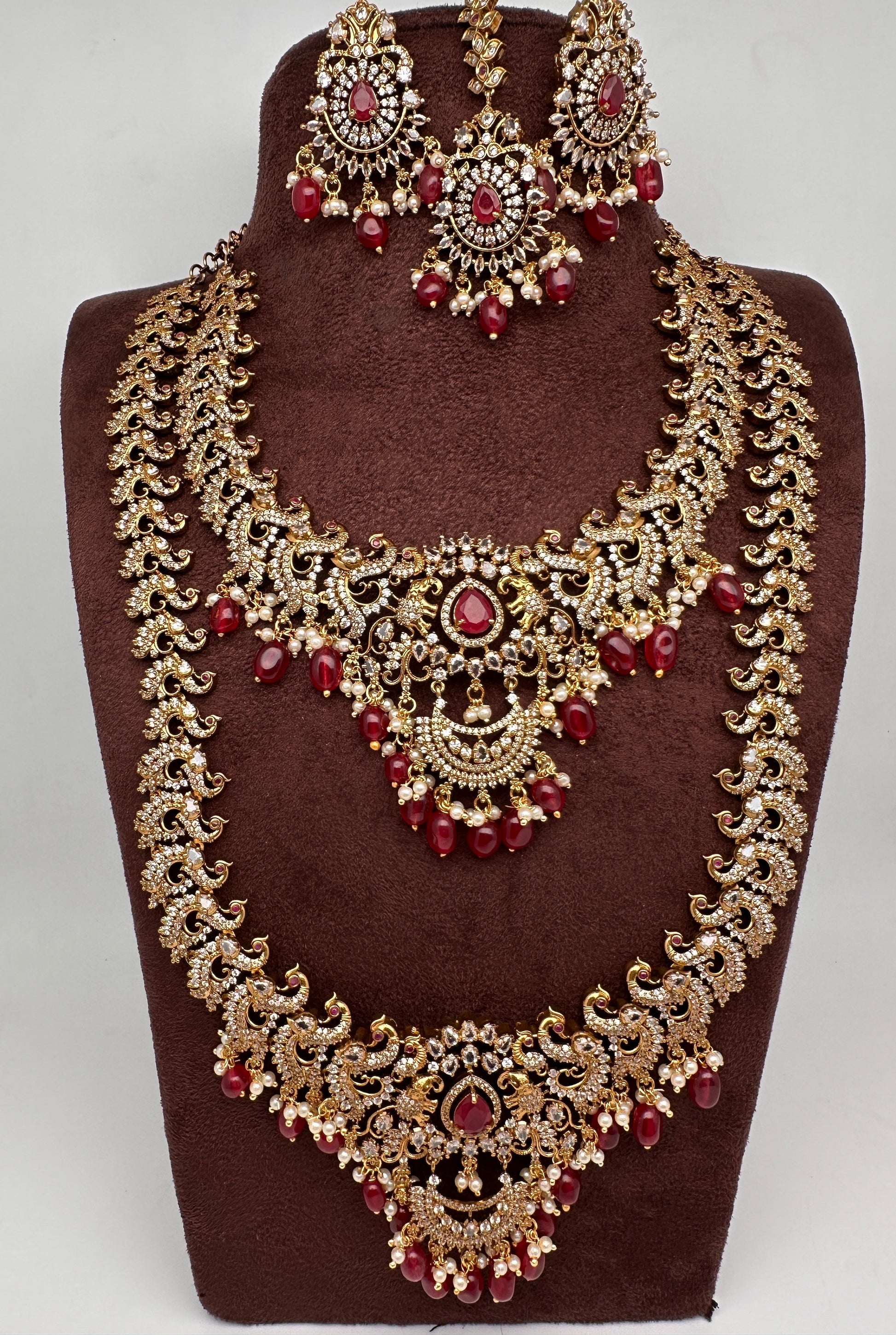 CZ Red Peacock Pattern Combo Statement Victorian Long Short Necklace