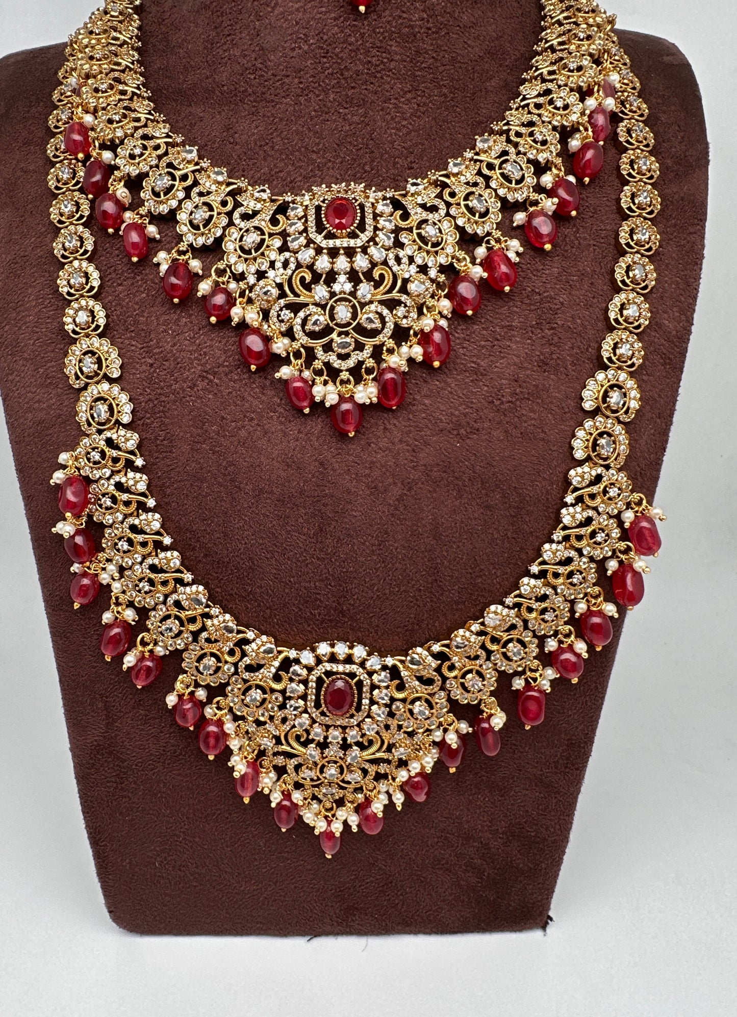 CZ Red Combo Statement Victorian Long Short Necklace