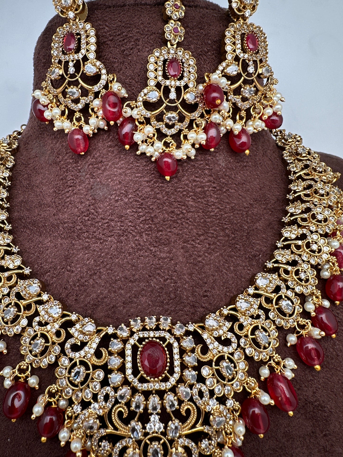 CZ Red Combo Statement Victorian Long Short Necklace