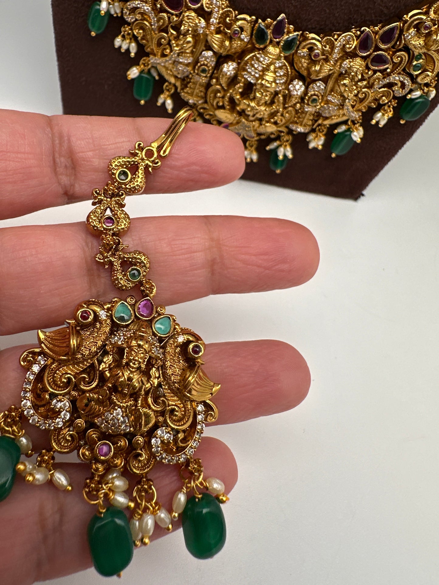 Matte Goddess Lakshmi Nakshi CZ Combo Long Short Necklace