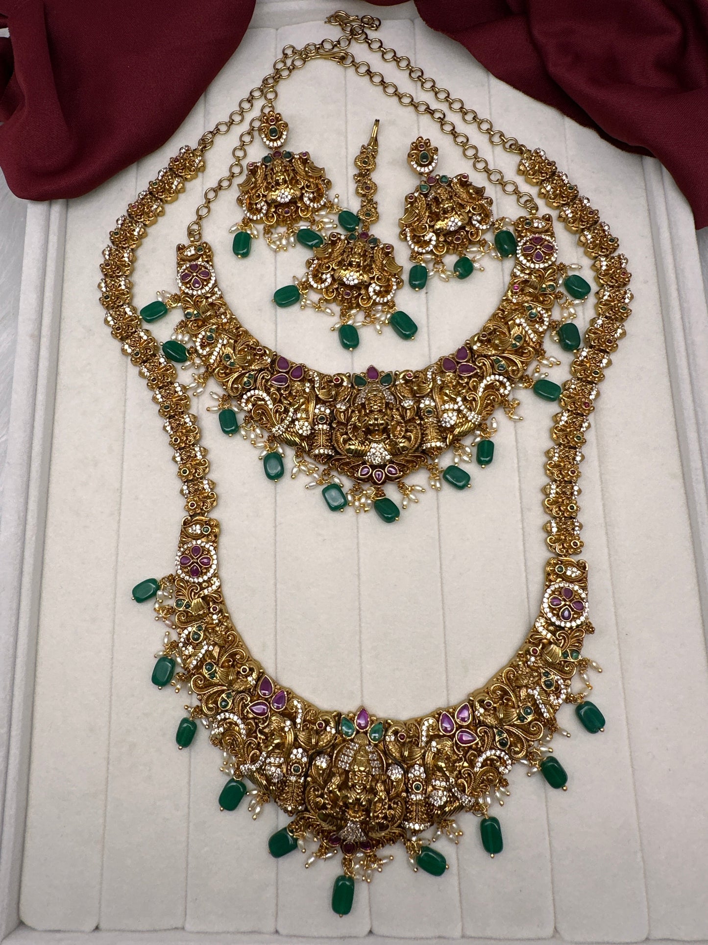 Matte Goddess Lakshmi Nakshi CZ Combo Long Short Necklace