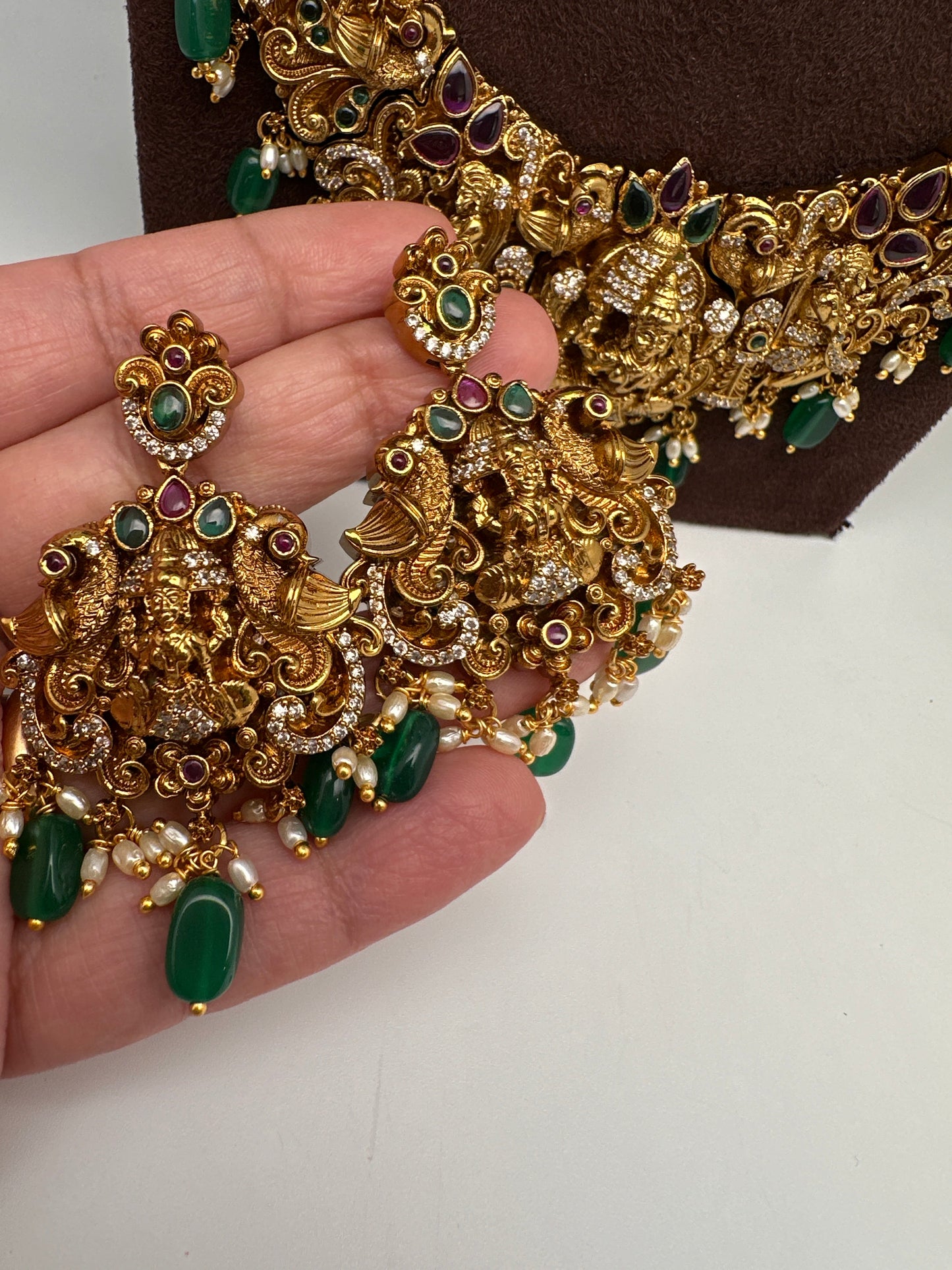 Matte Goddess Lakshmi Nakshi CZ Combo Long Short Necklace