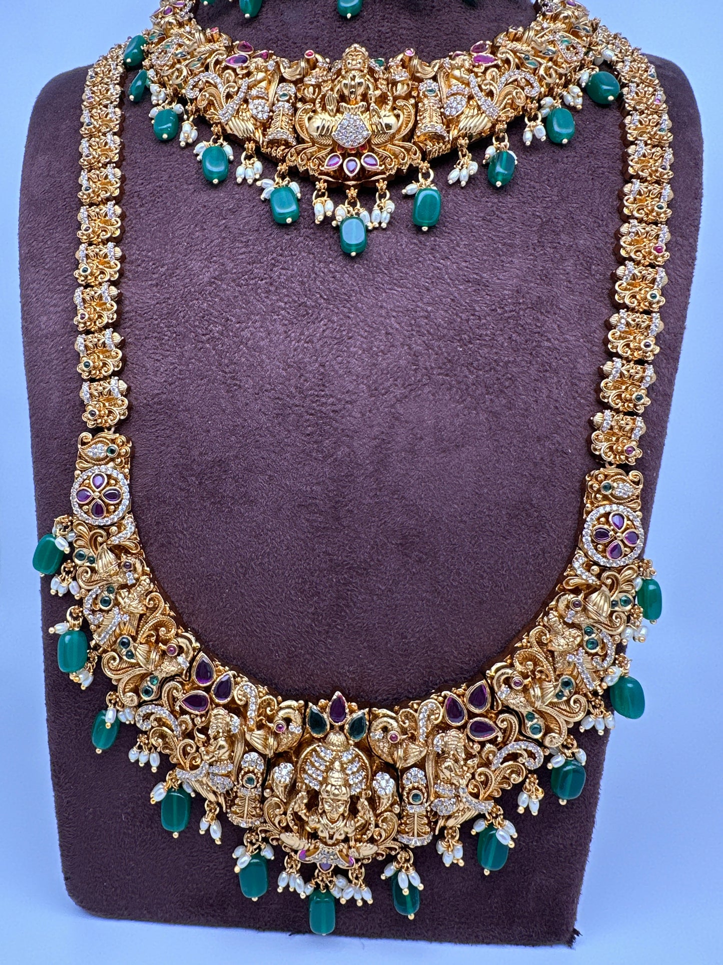 Matte Goddess Lakshmi Nakshi CZ Combo Long Short Necklace