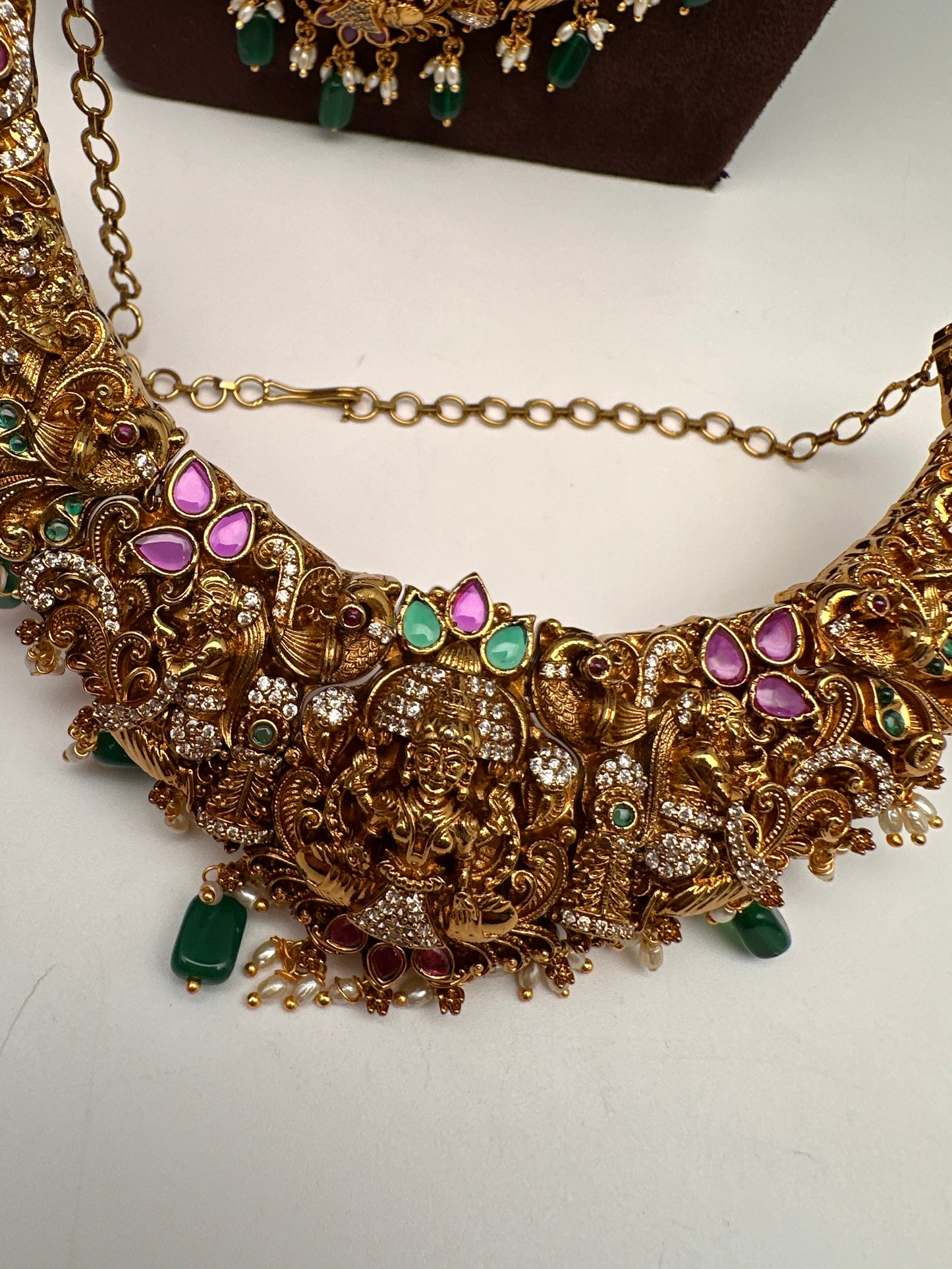 Matte Goddess Lakshmi Nakshi CZ Combo Long Short Necklace