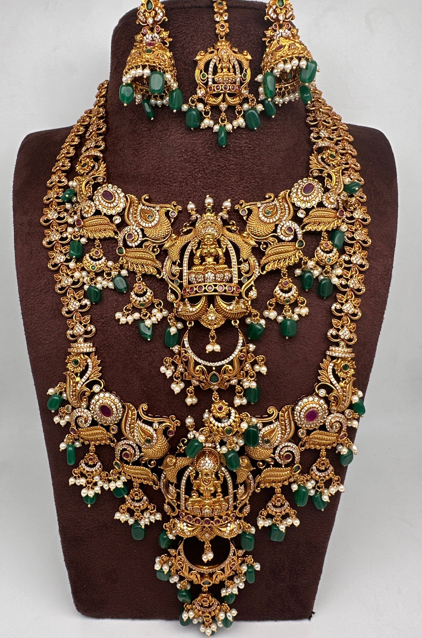 Matte Goddess Lakshmi Nakshi CZ Combo Long Short Necklace