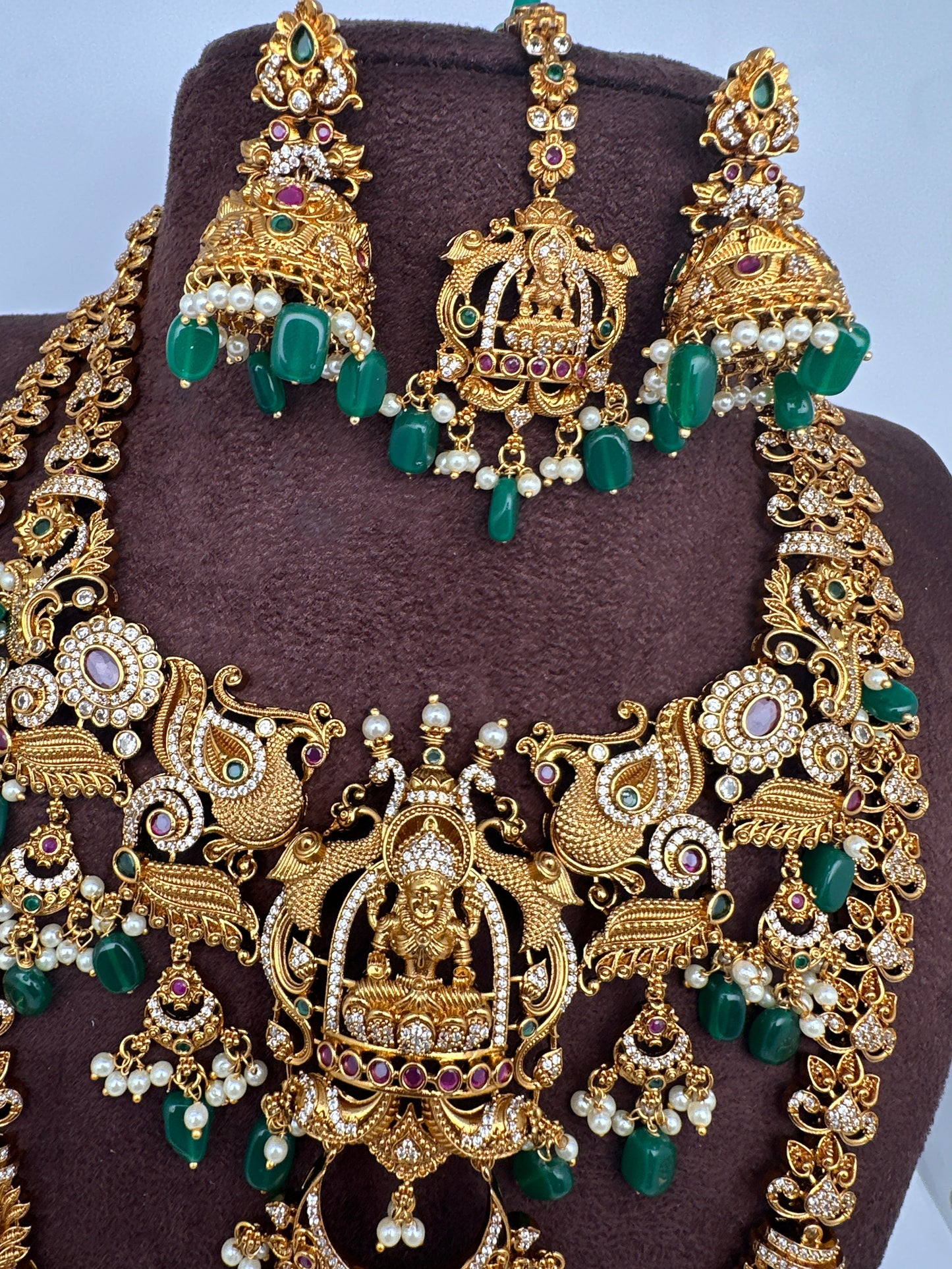 Matte Goddess Lakshmi Nakshi CZ Combo Long Short Necklace