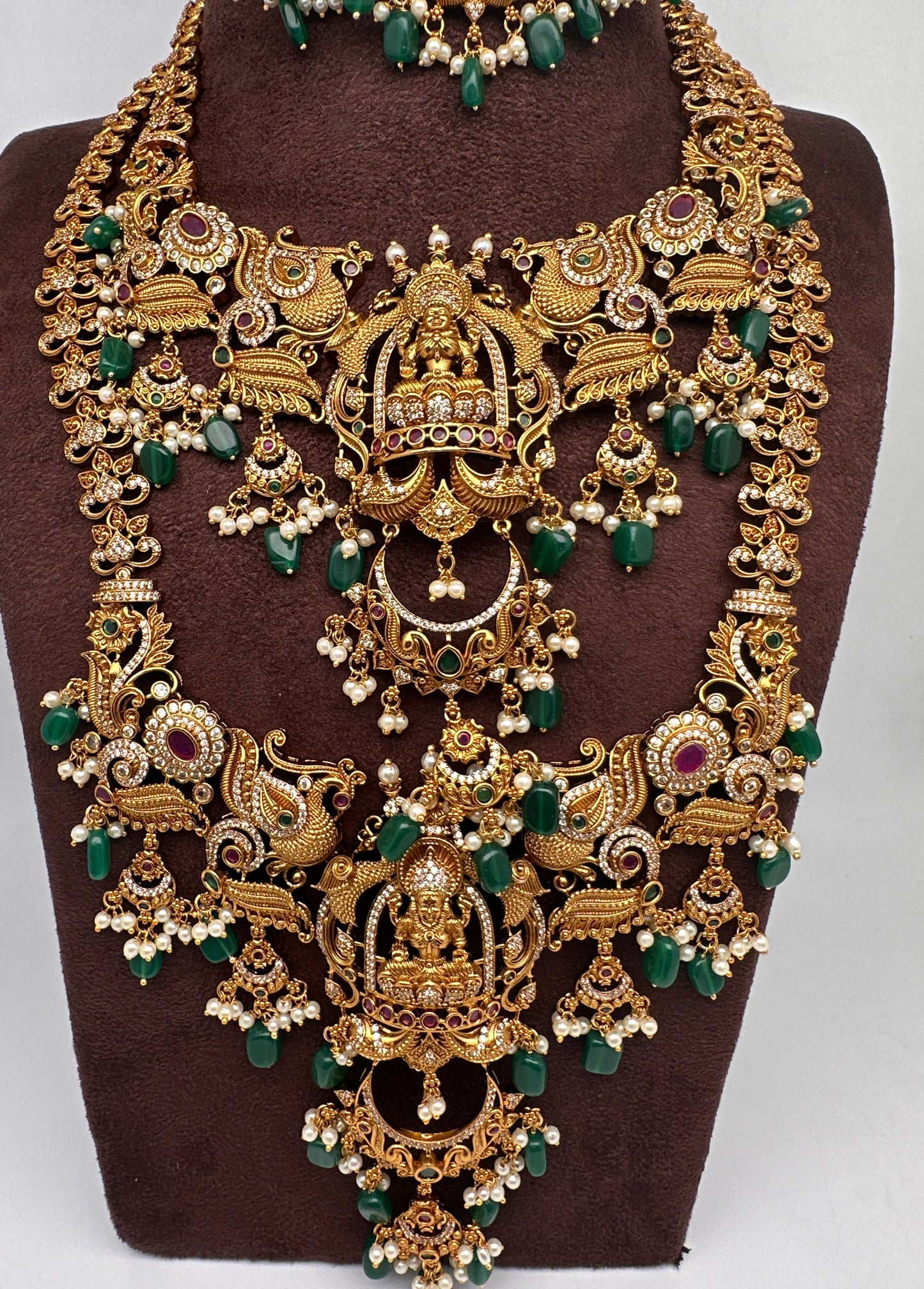 Matte Goddess Lakshmi Nakshi CZ Combo Long Short Necklace