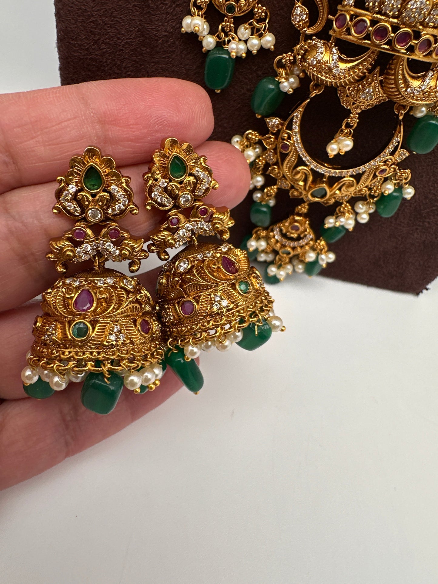 Matte Goddess Lakshmi Nakshi CZ Combo Long Short Necklace