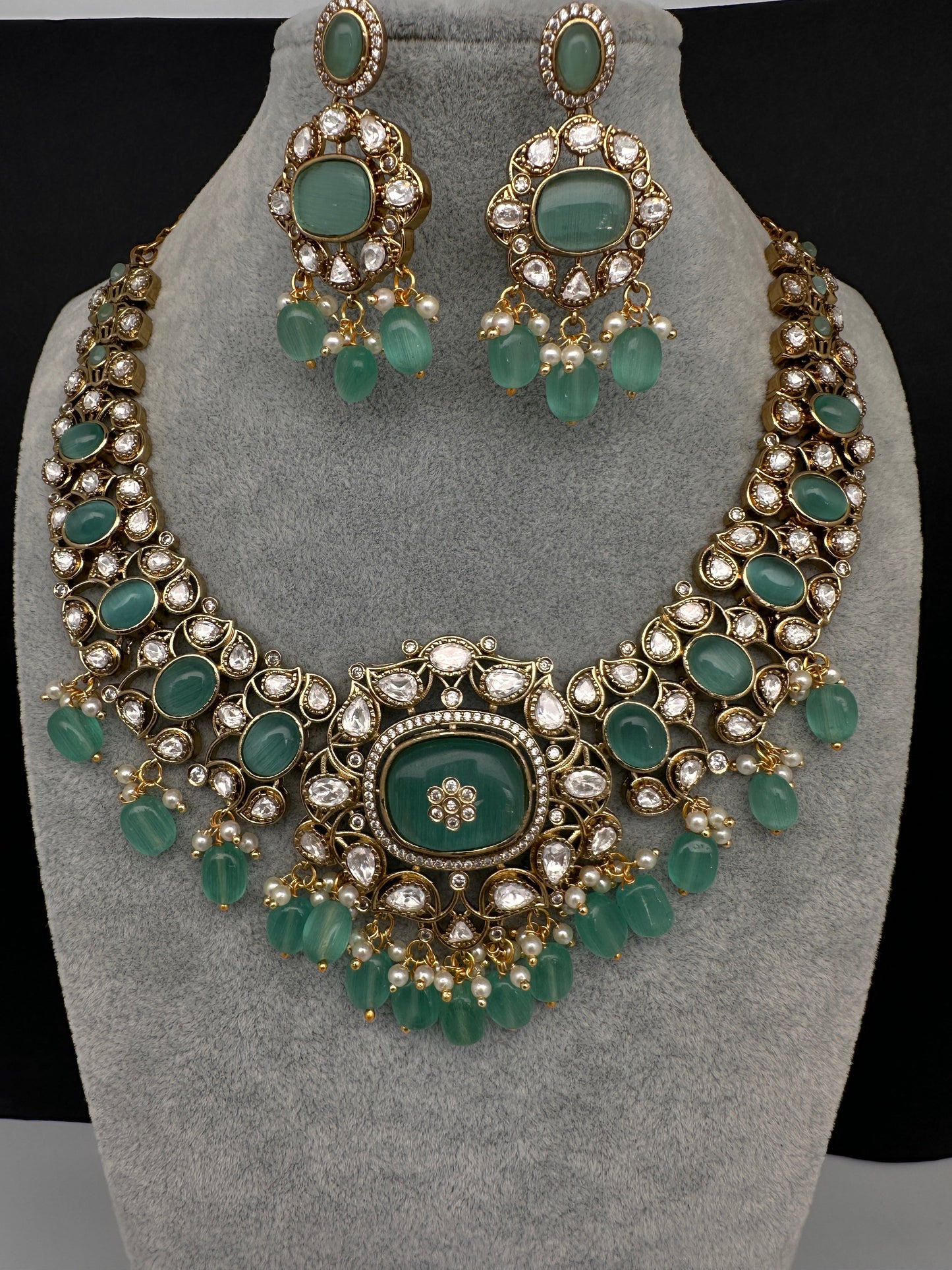 Moissanite  Statement Victorian Color Stone Necklace - MintGreen