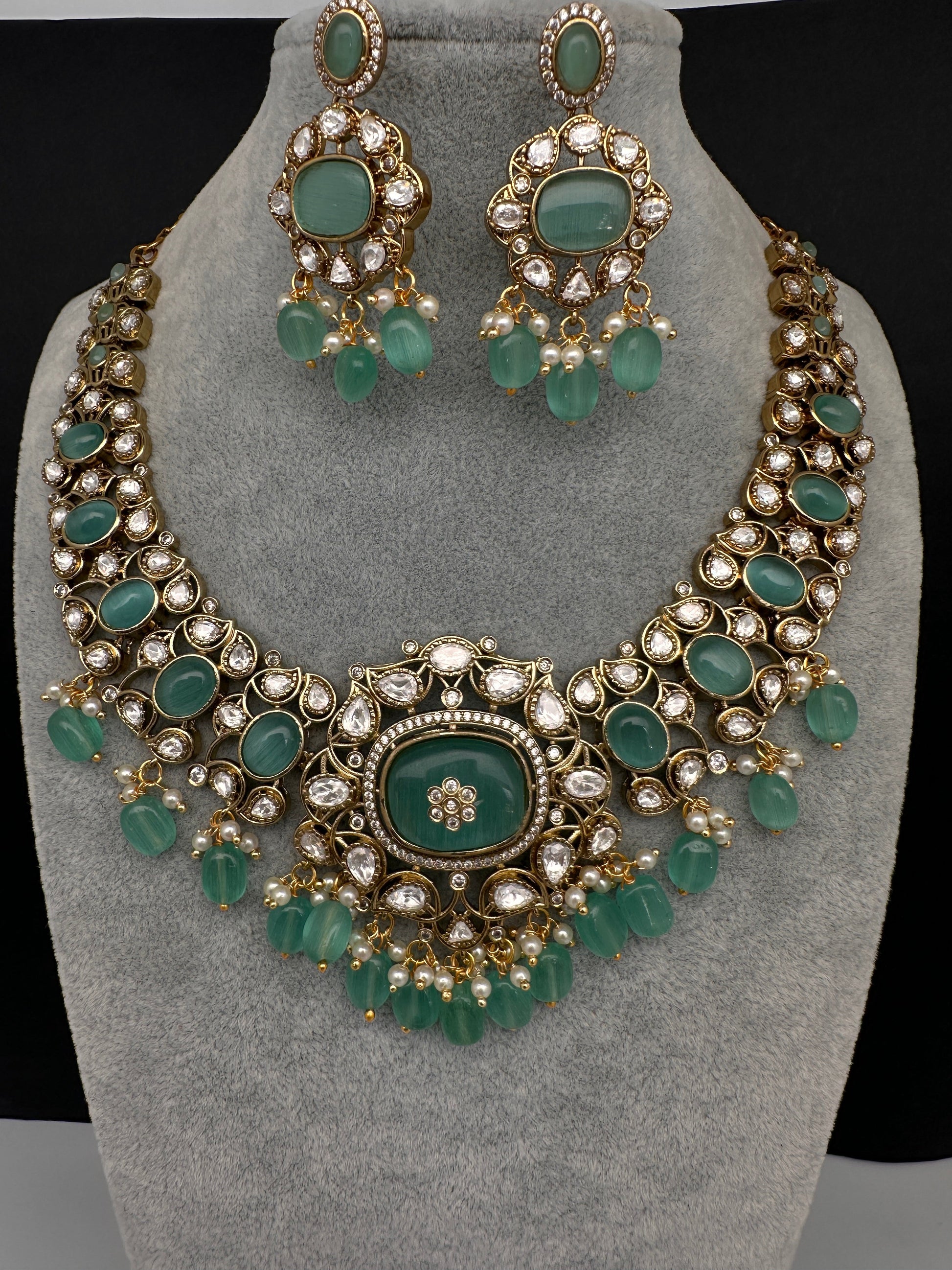 Moissanite  Statement Victorian Color Stone Necklace - MintGreen