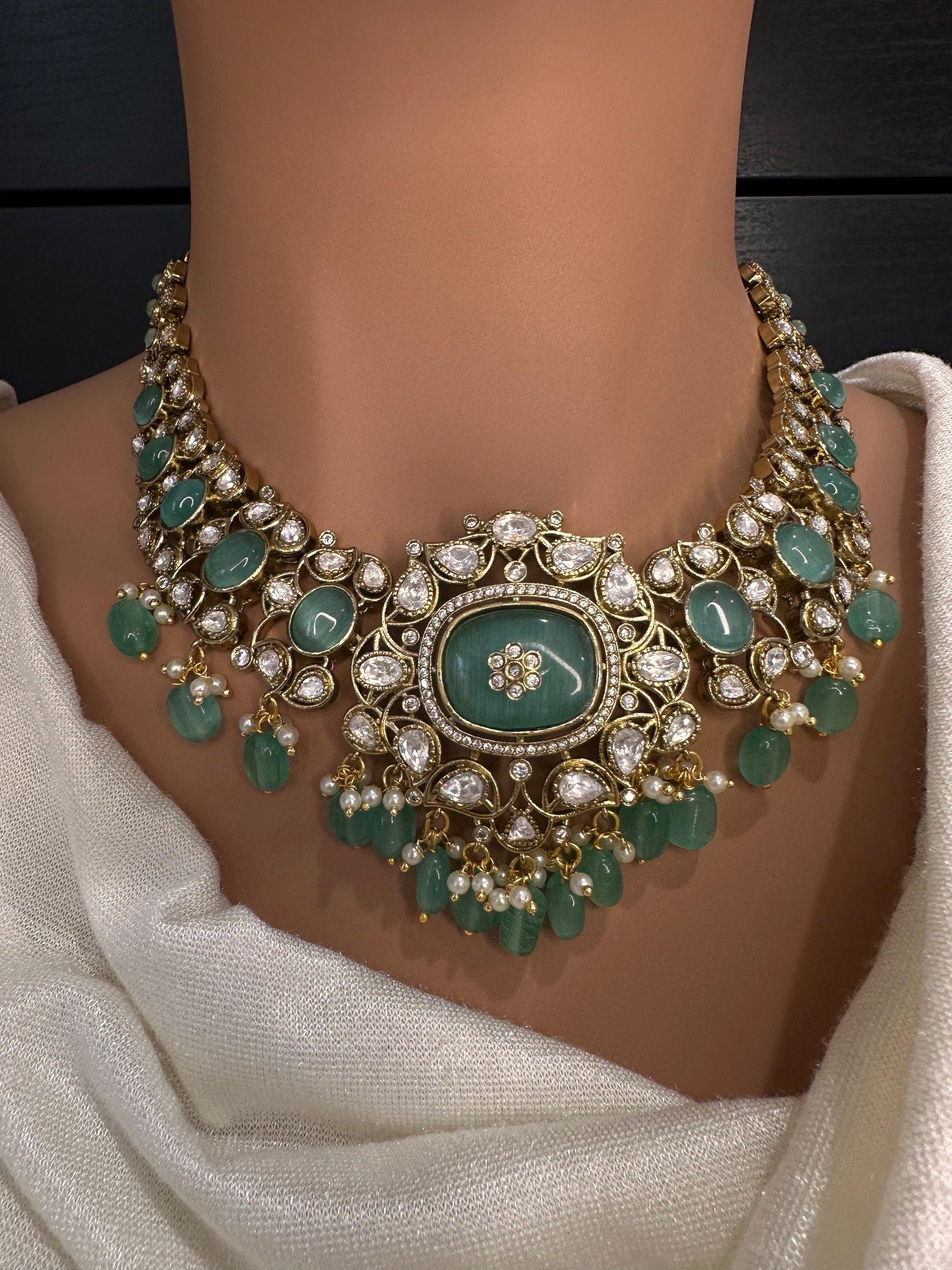 Moissanite  Statement Victorian Color Stone Necklace - MintGreen
