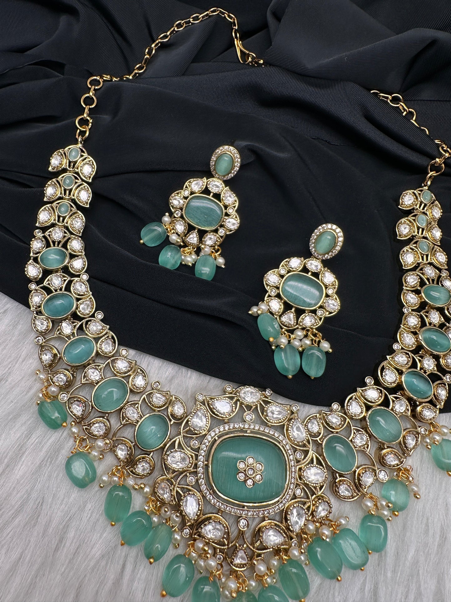 Moissanite  Statement Victorian Color Stone Necklace - MintGreen