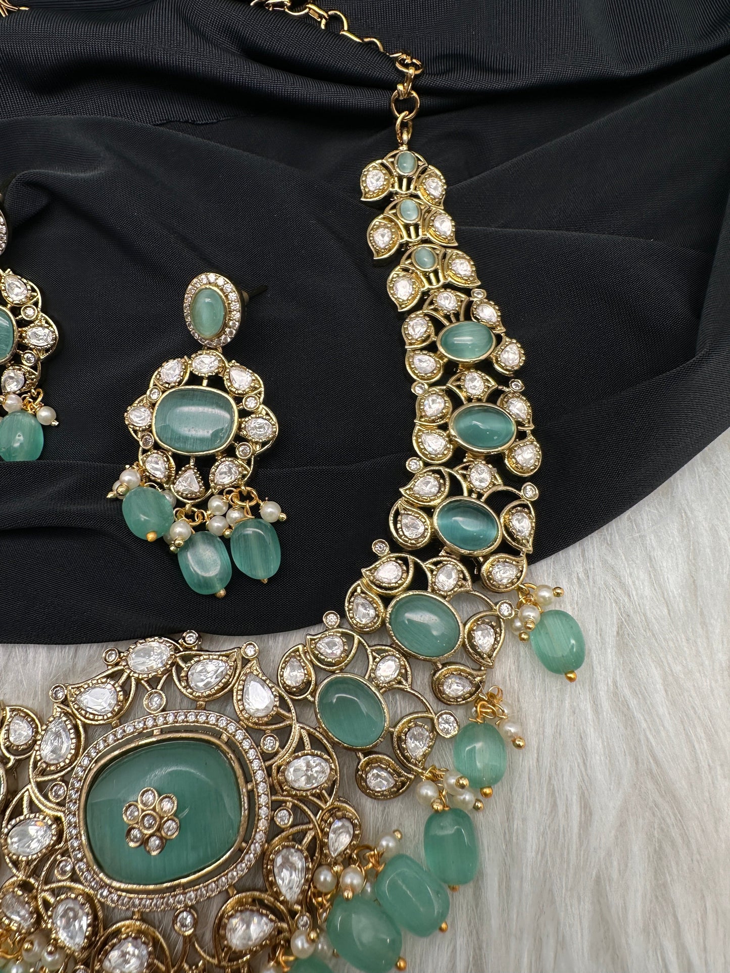 Moissanite  Statement Victorian Color Stone Necklace - MintGreen
