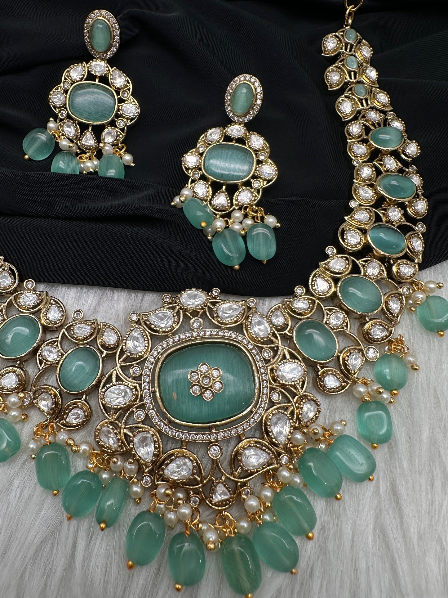 Moissanite  Statement Victorian Color Stone Necklace - MintGreen