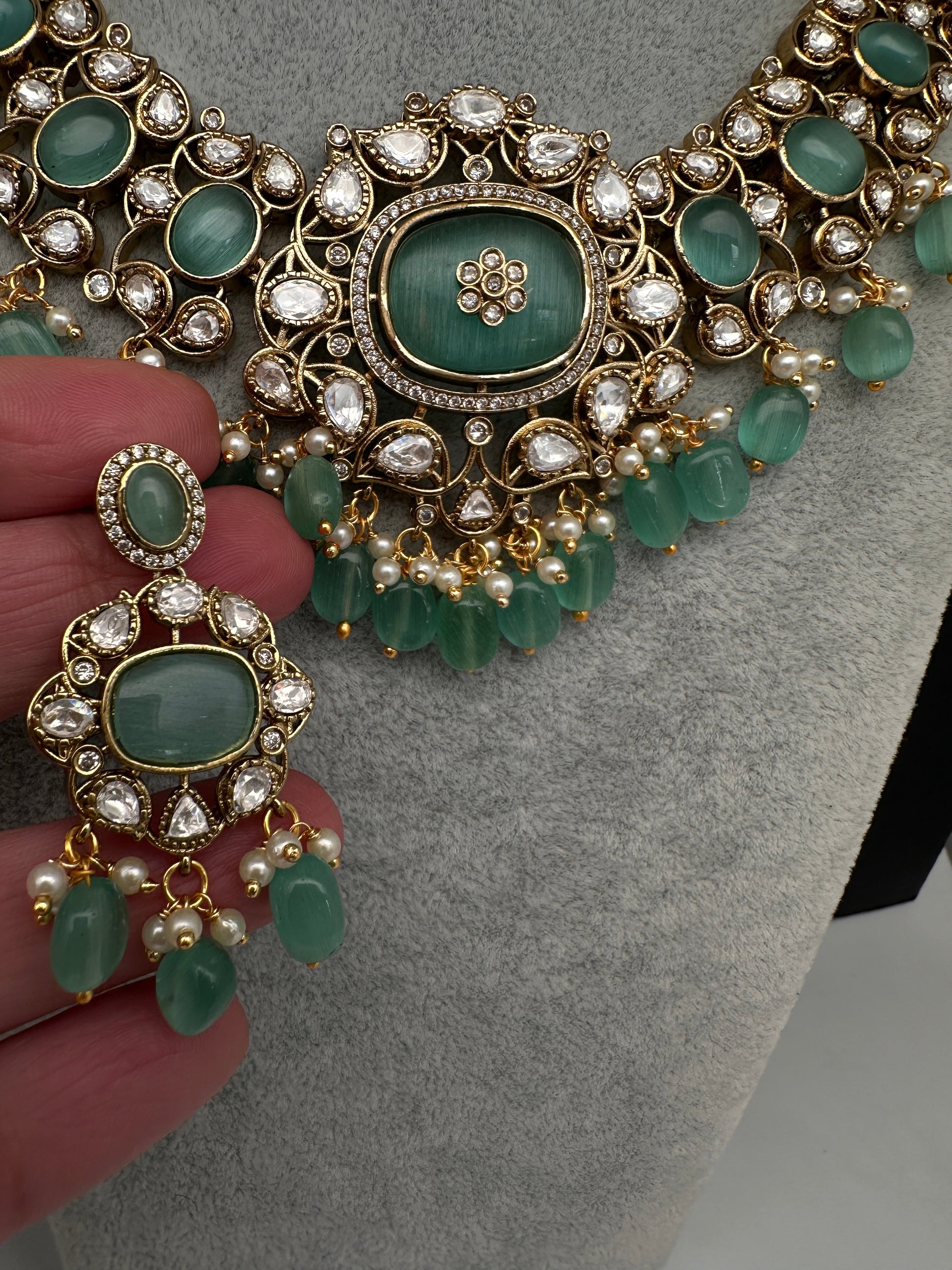 Moissanite  Statement Victorian Color Stone Necklace - MintGreen