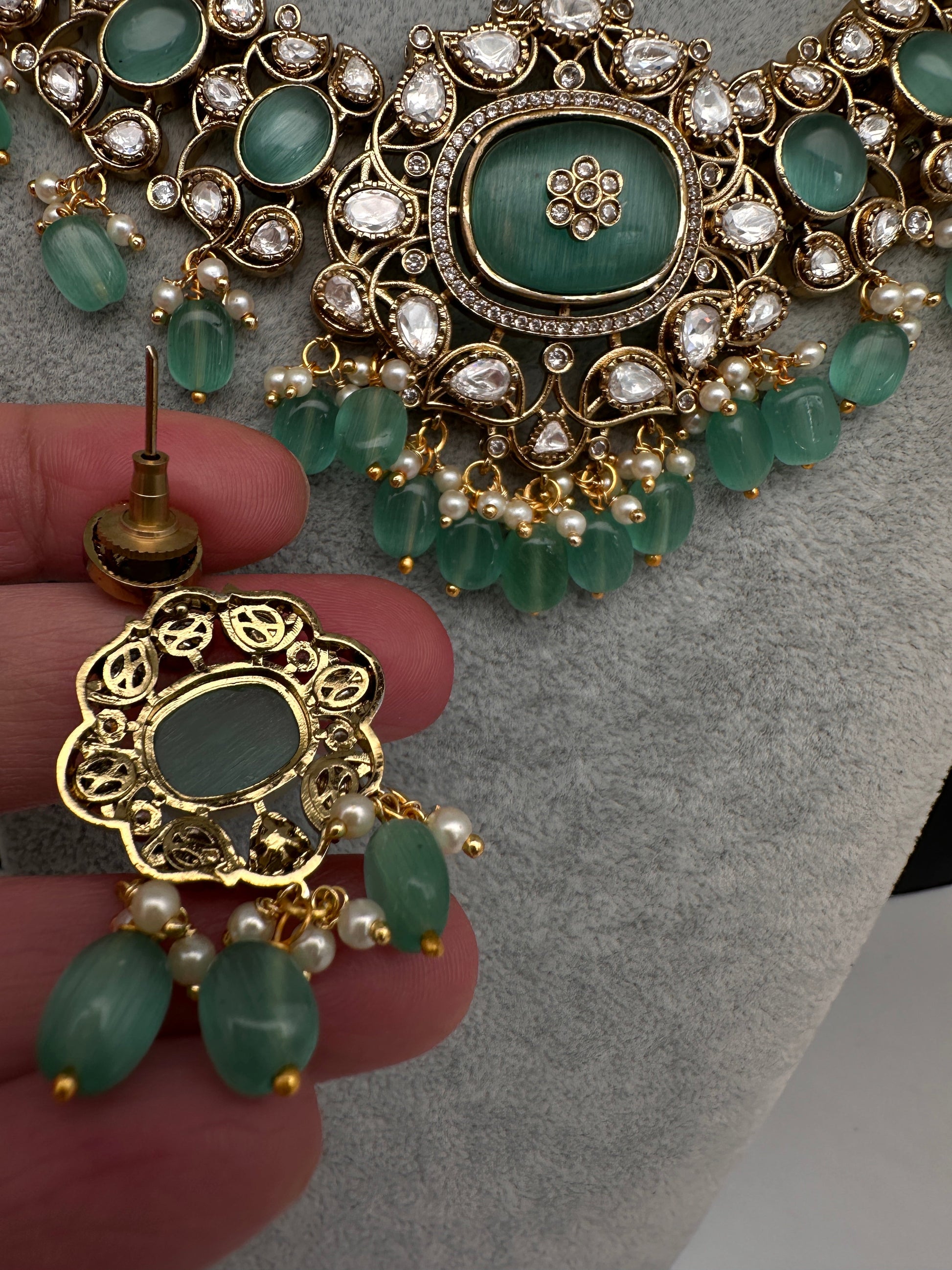 Moissanite  Statement Victorian Color Stone Necklace - MintGreen