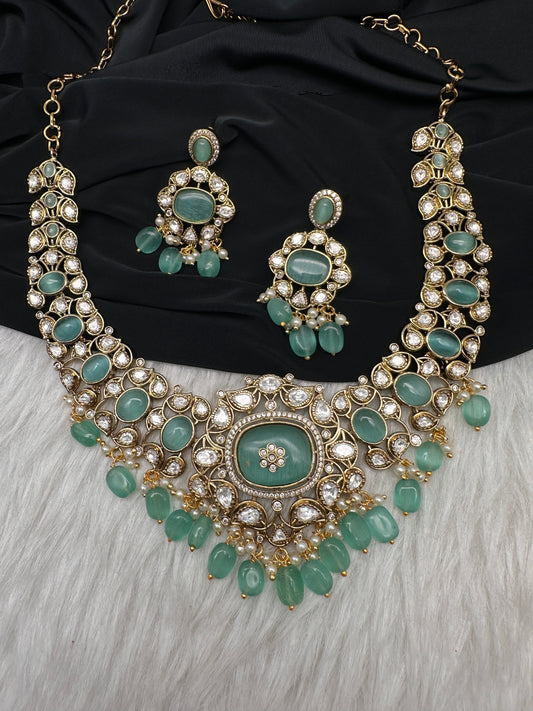 Moissanite  Statement Victorian Color Stone Necklace - MintGreen